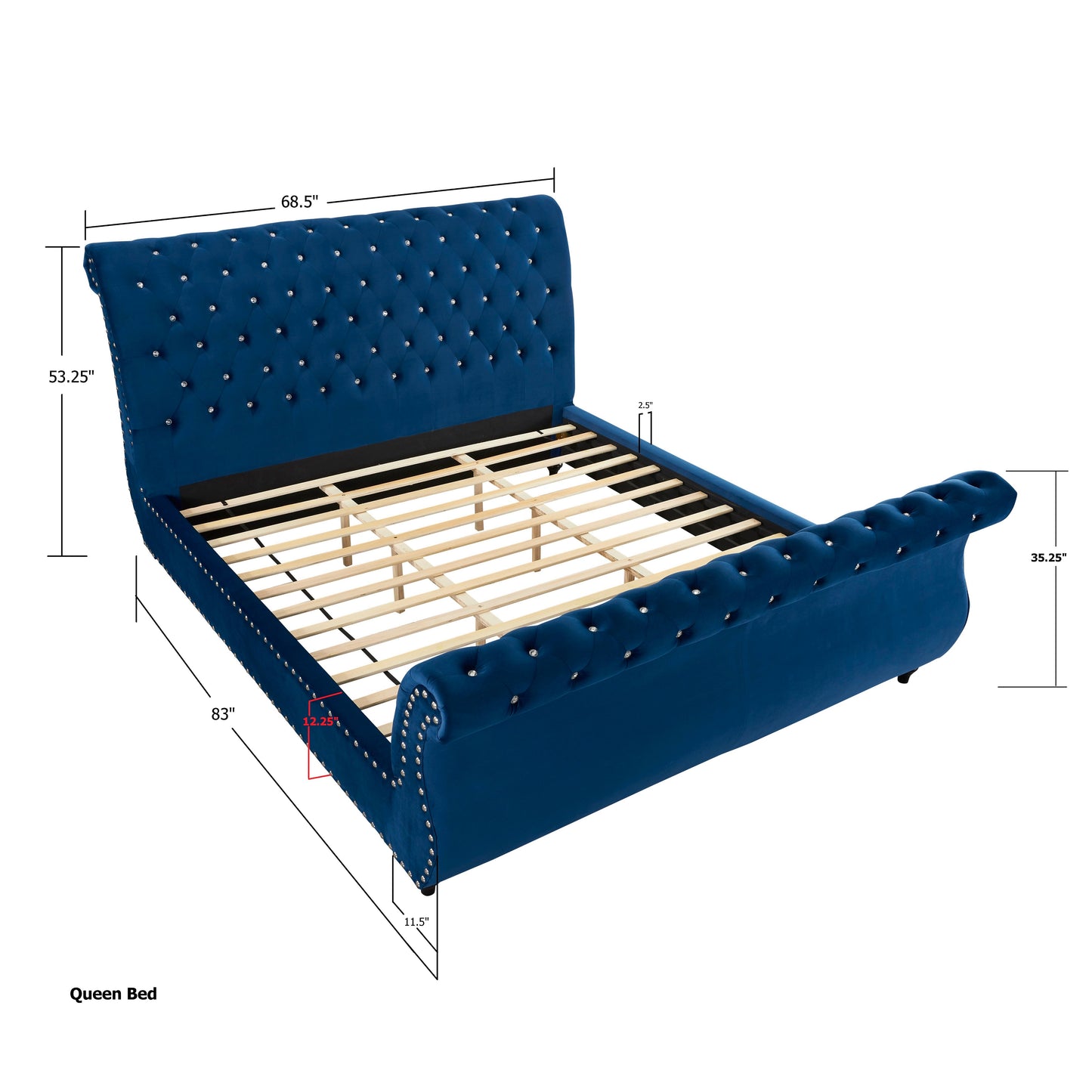 Evora Blue Velvet Upholstered Crystal Button Tufted Sleigh Bed