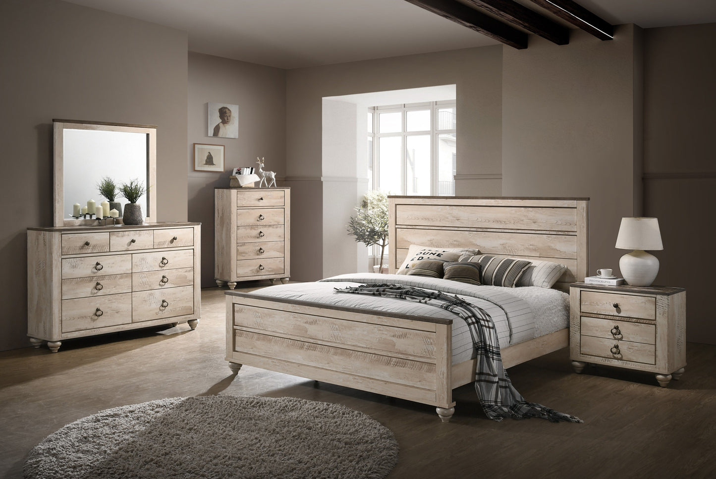 Imerland Contemporary White Wash Finish Patched Wood Top 7-drawer Dresser and Mirror