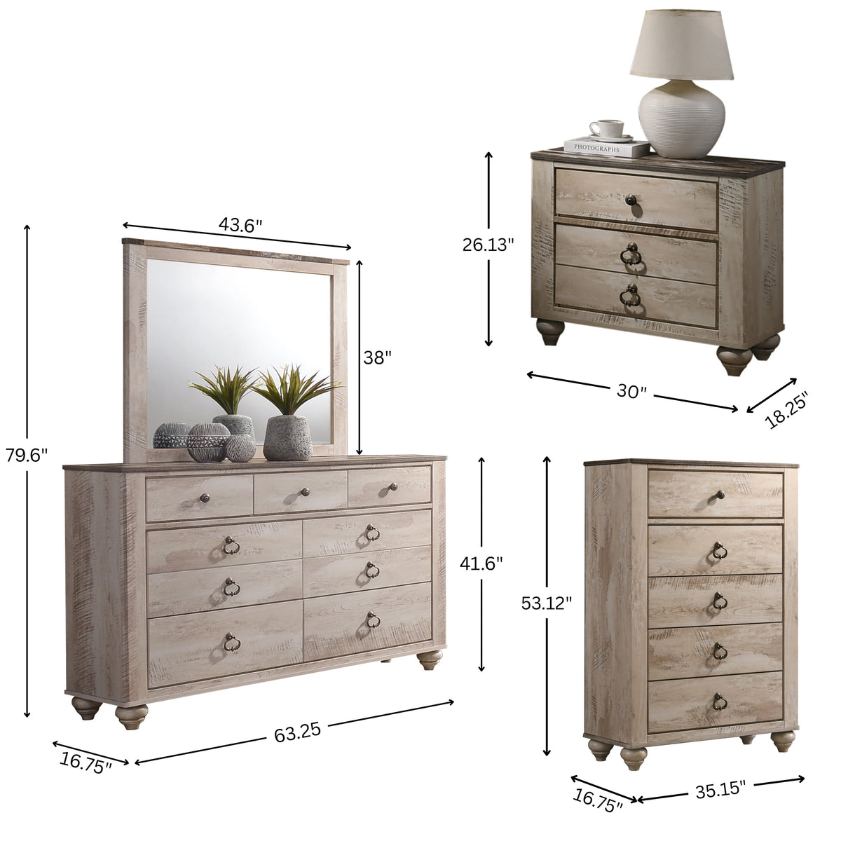 Imerland Contemporary White Wash Finish Bedroom Collection - Sleigh Bed