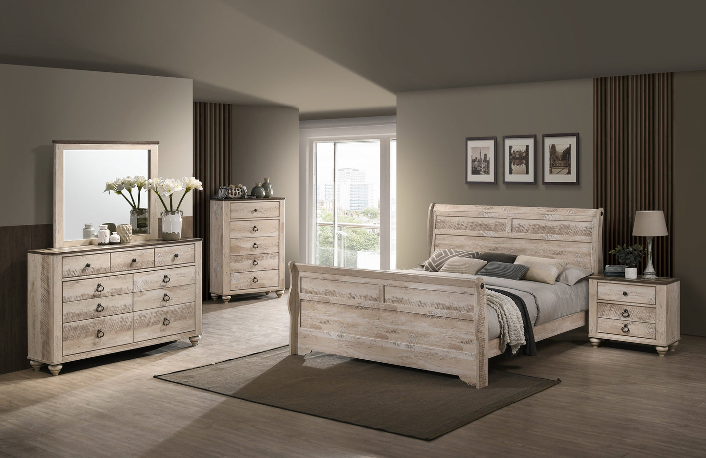 Imerland Contemporary White Wash Finish Bedroom Collection - Sleigh Bed