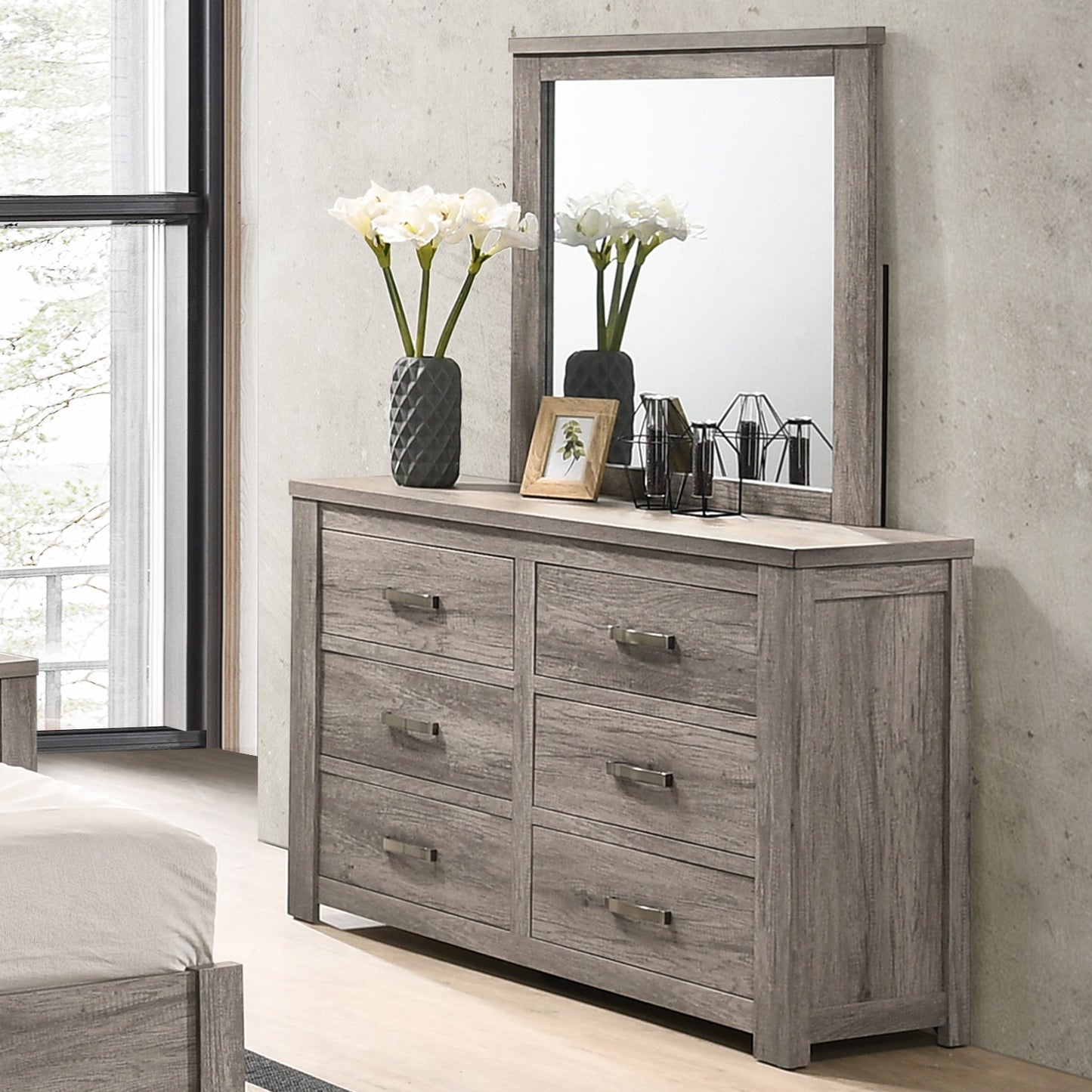 Floren Contemporary Weathered Gray Wood 6-Drawer Dresser with Mirror