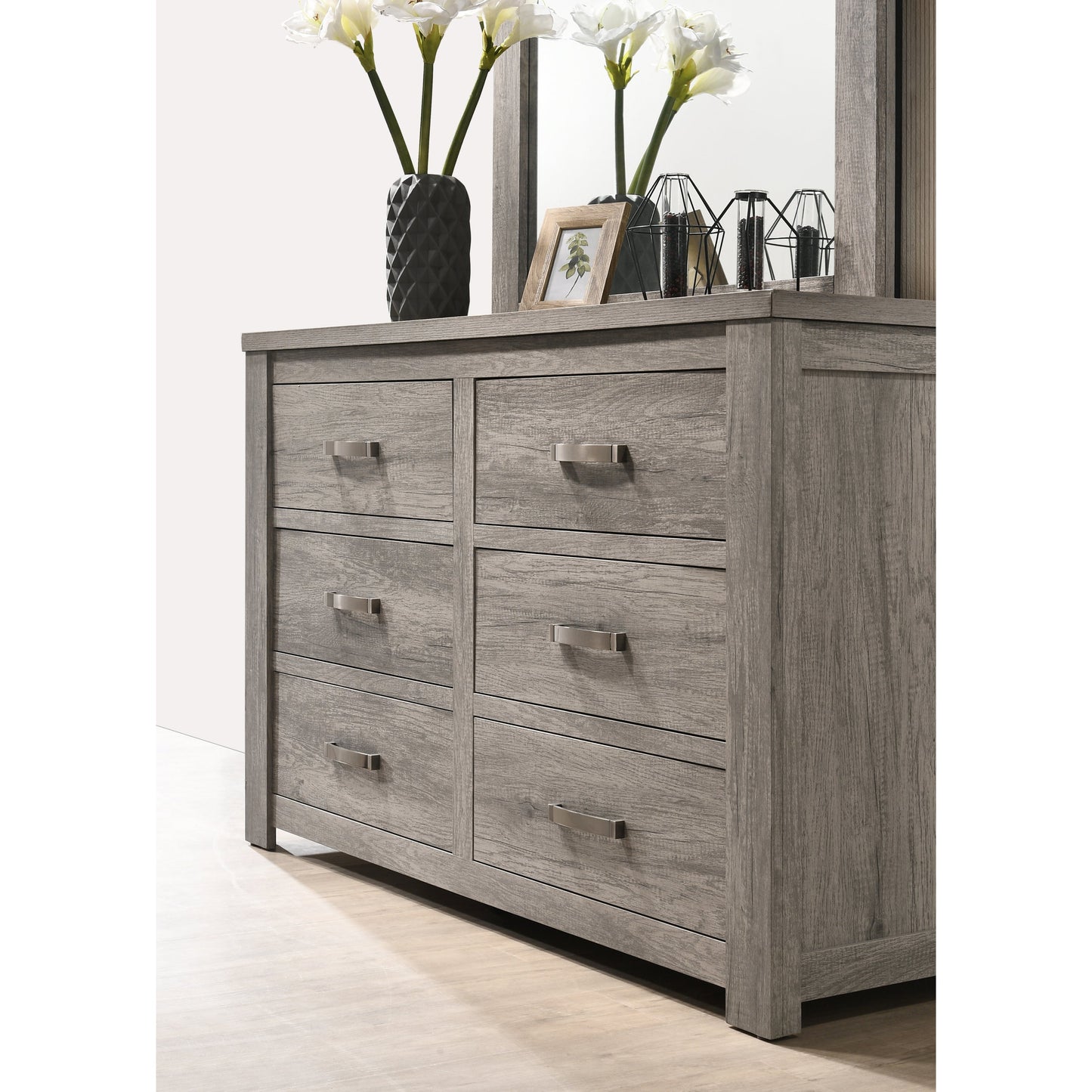 Floren Contemporary Weathered Gray Wood 6-Drawer Dresser with Mirror