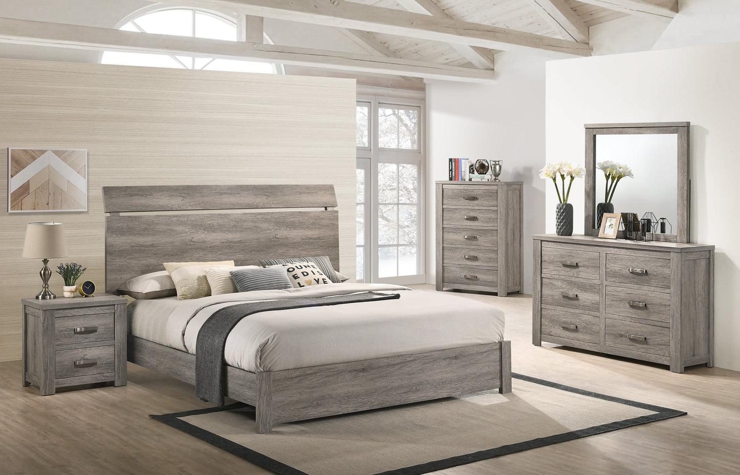 Floren Contemporary Weathered Gray Wood Panel Bed