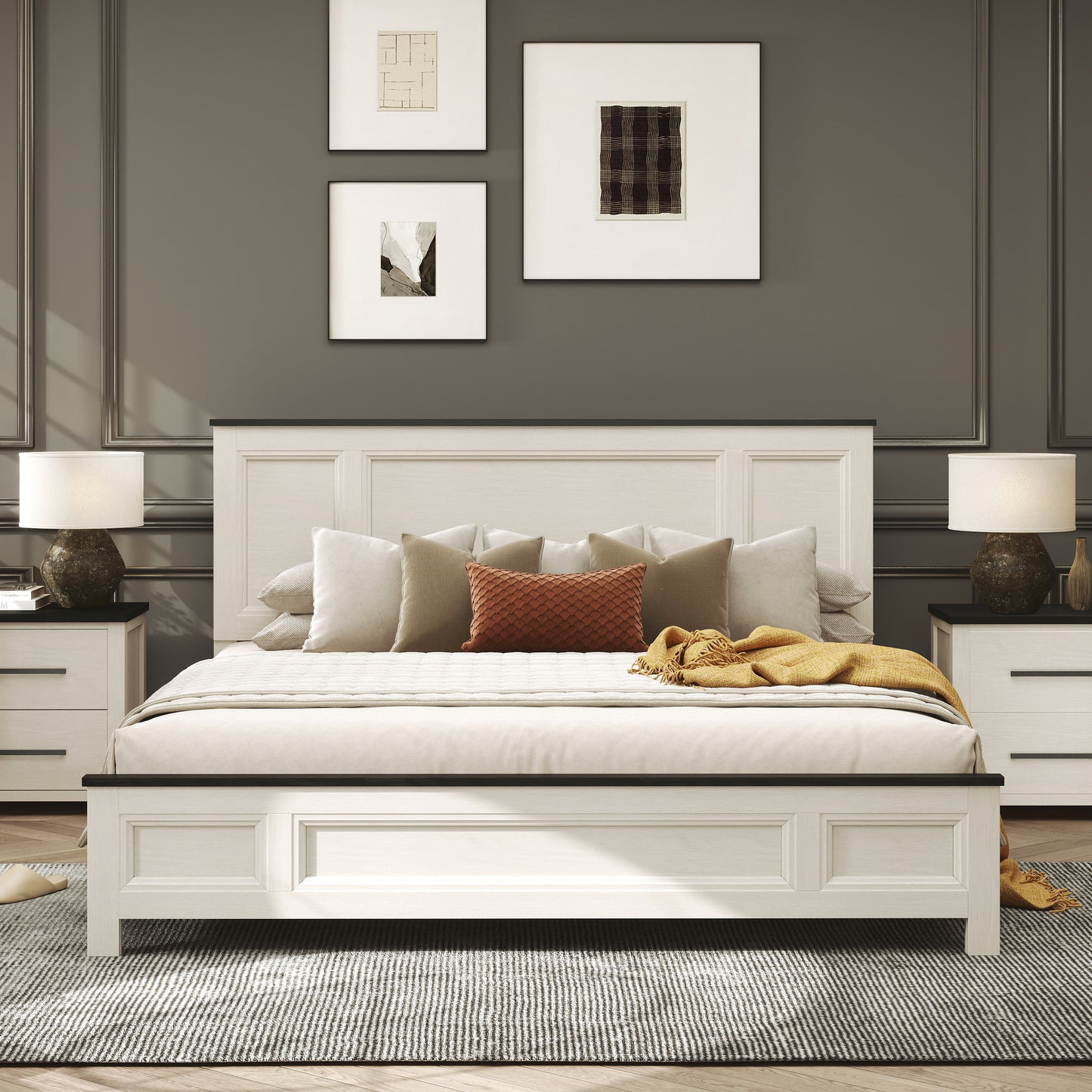 Roundhill Furniture Realynn Panel Bed, Off-White Finish