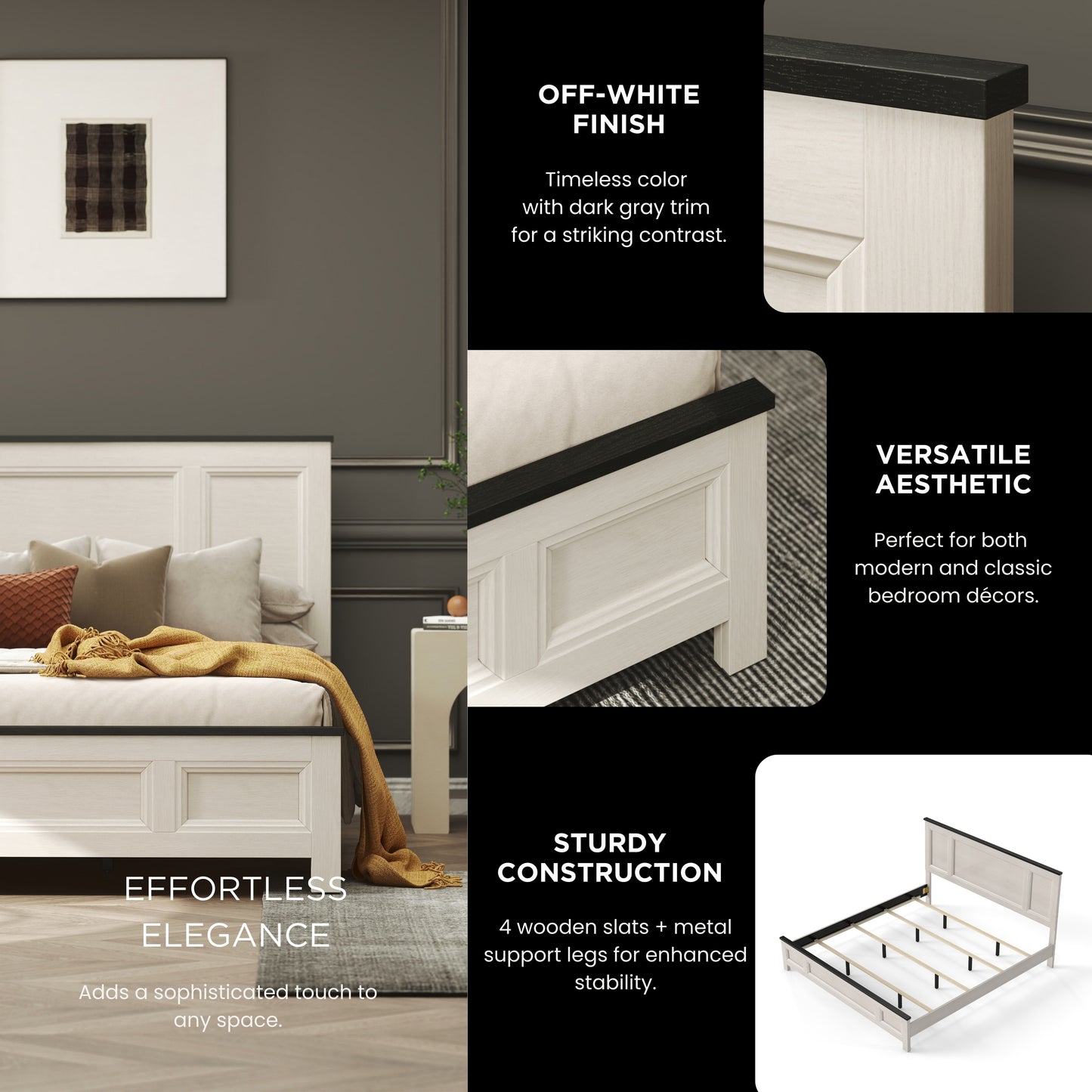 Roundhill Furniture Realynn Panel Bed, Off-White Finish