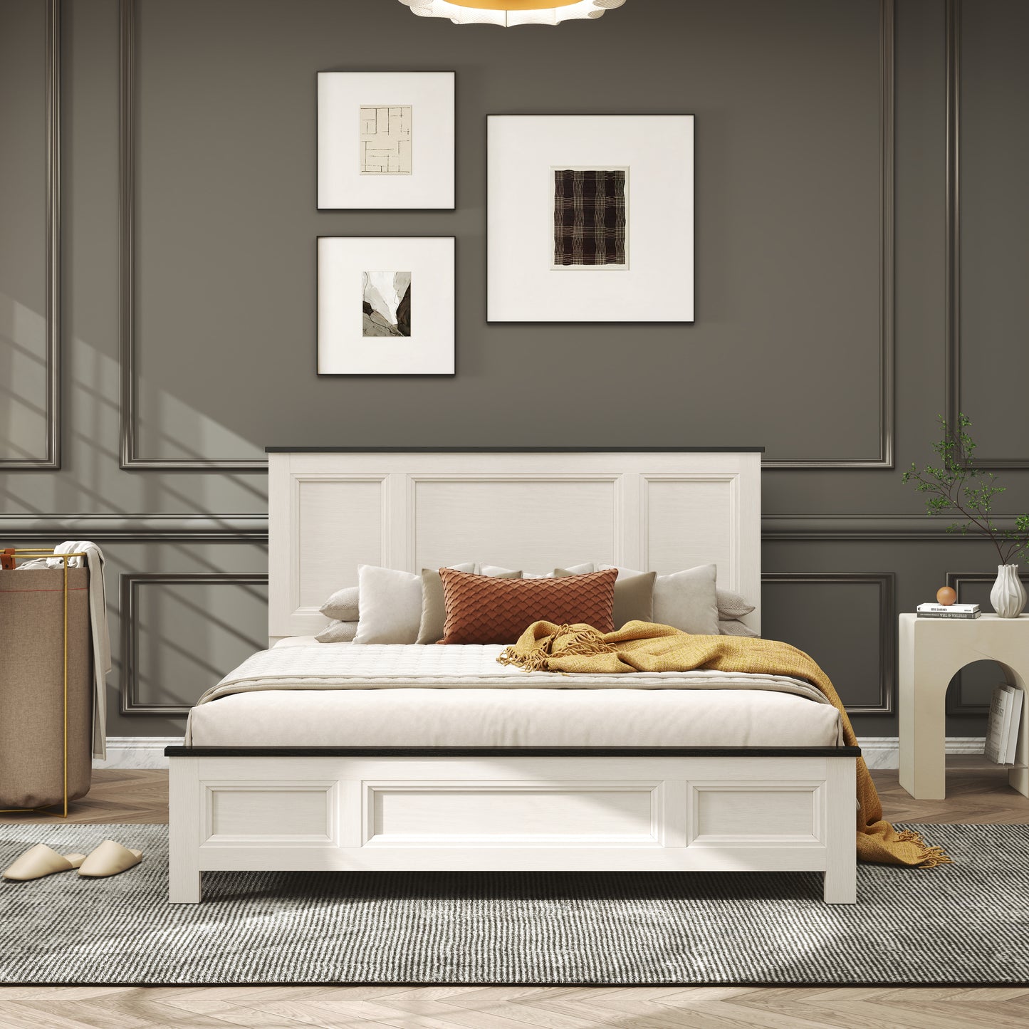 Roundhill Furniture Realynn Panel Bed, Off-White Finish