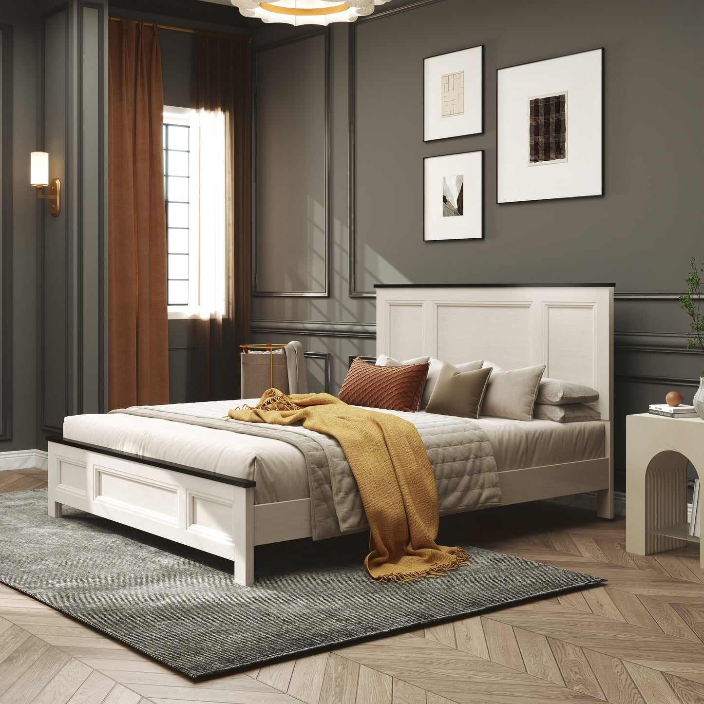 Roundhill Furniture Realynn Panel Bed, Off-White Finish