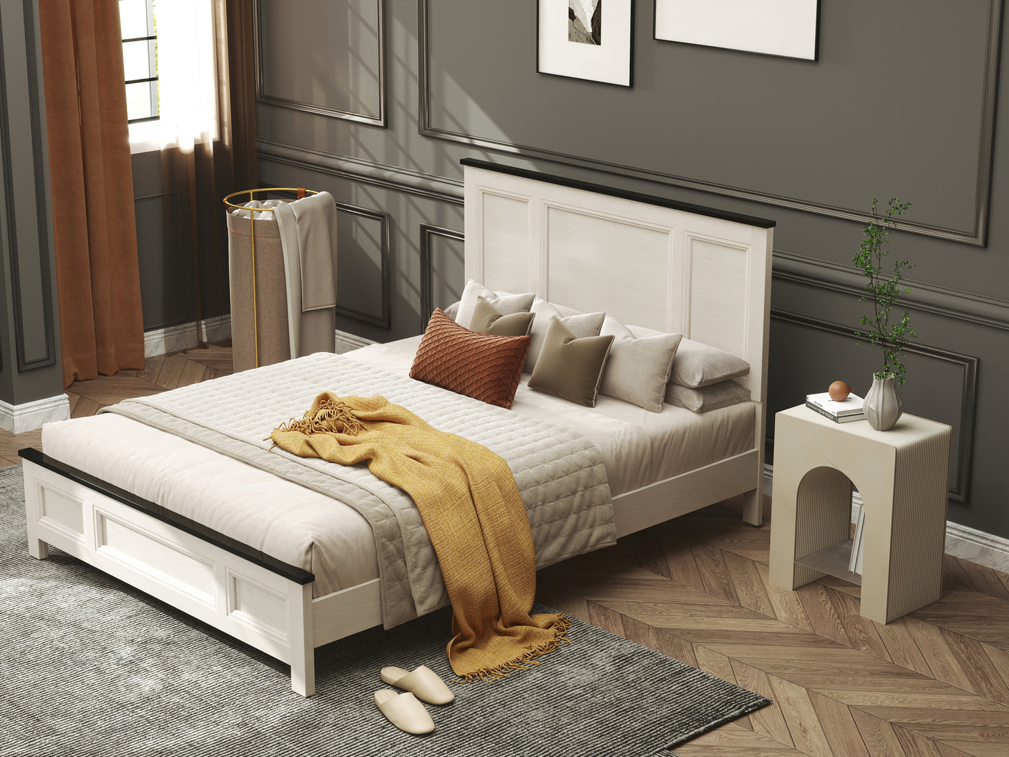 Roundhill Furniture Realynn Panel Bed, Off-White Finish