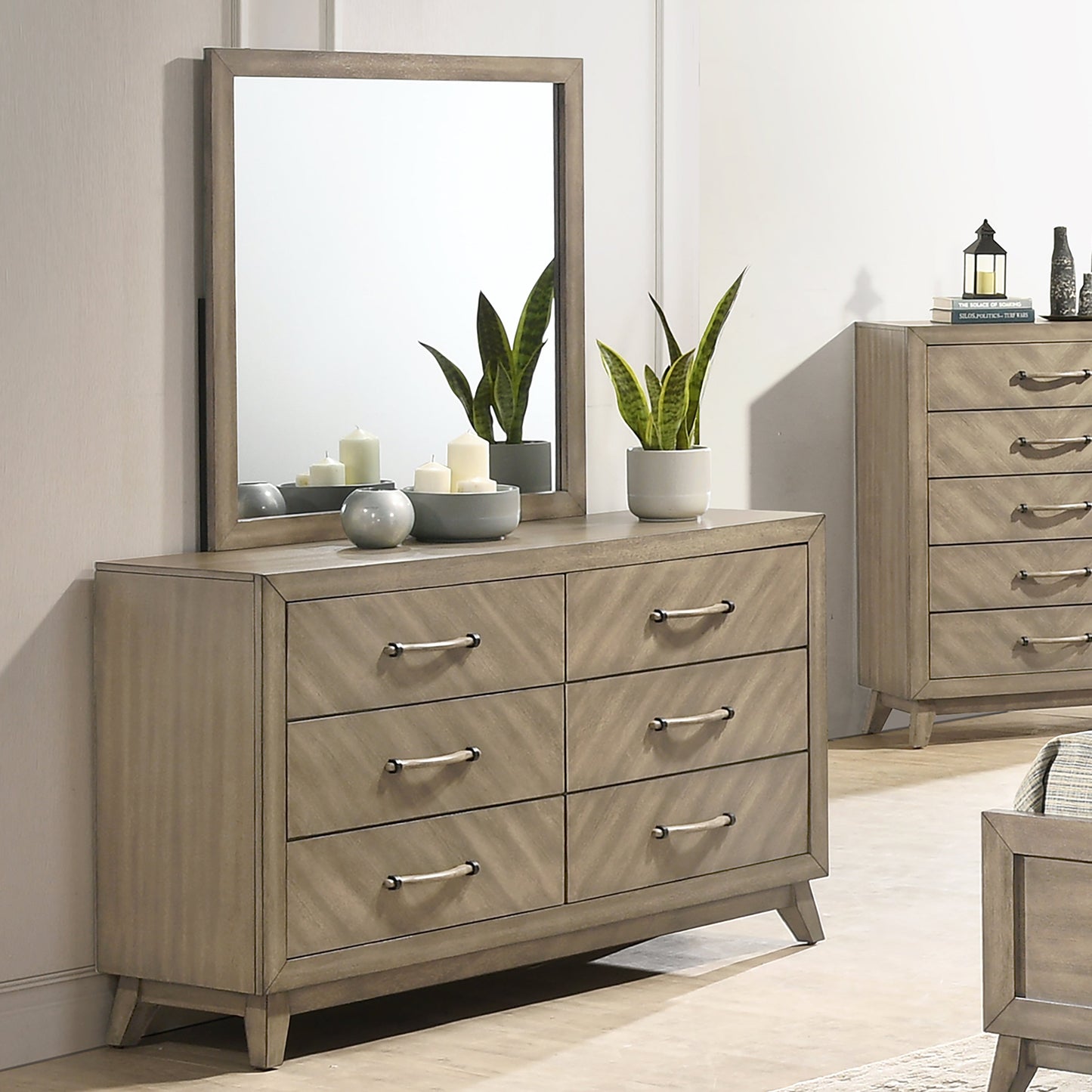 Roundhill Furniture Arena Contemporary 6-Drawer Dresser with Mirror in Weathered Sand