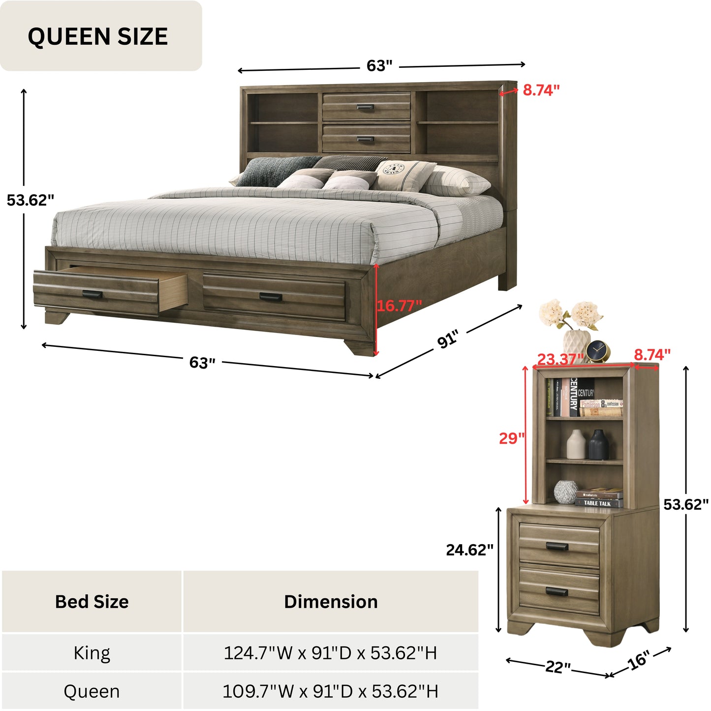 Loiret Light Gray Finish Wood Storage Platform WallBed