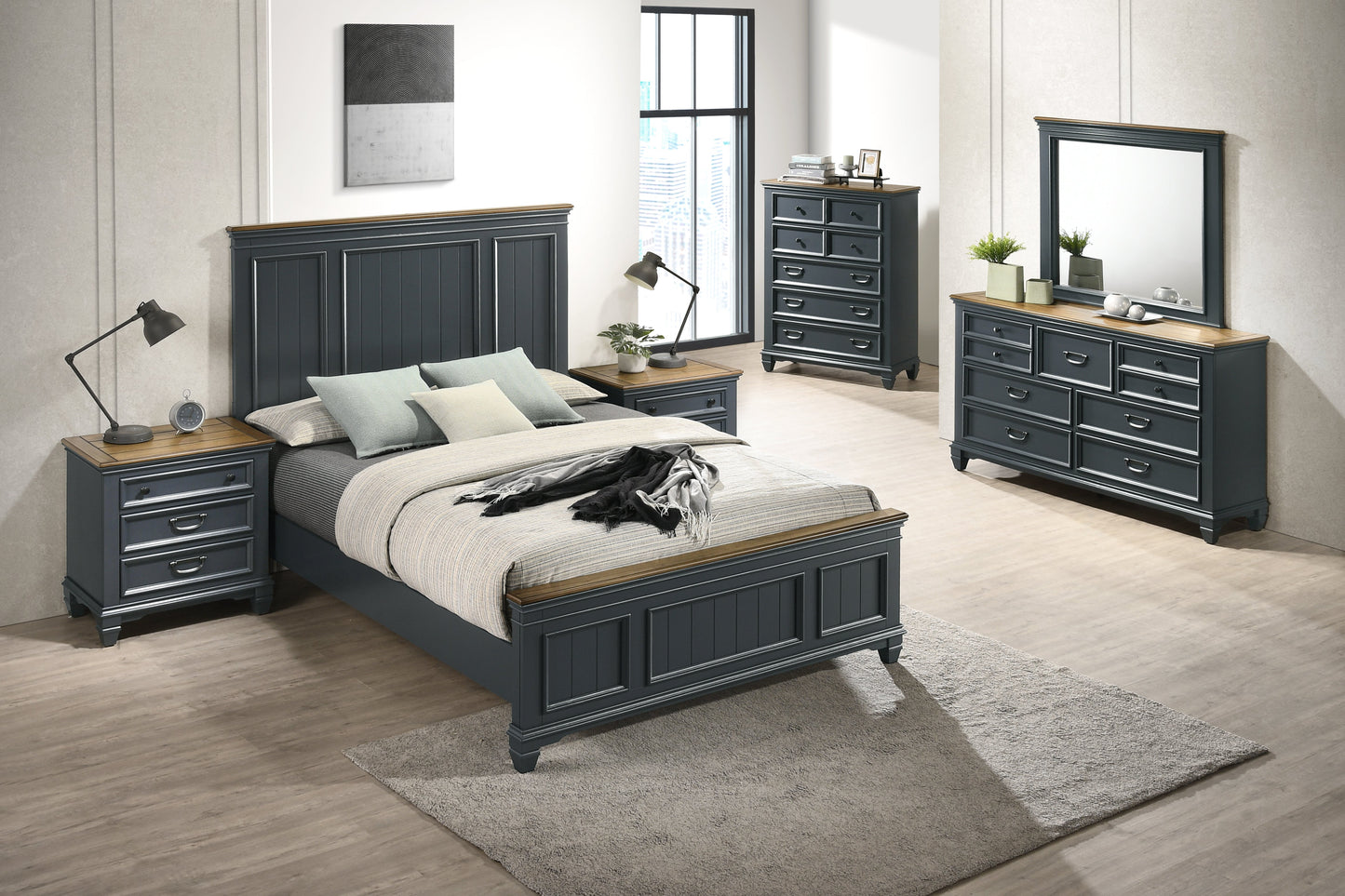 Roundhill Furniture Clelane Wood Bedroom Set with Shiplap Panel Bedroom Collection, Slate Blue