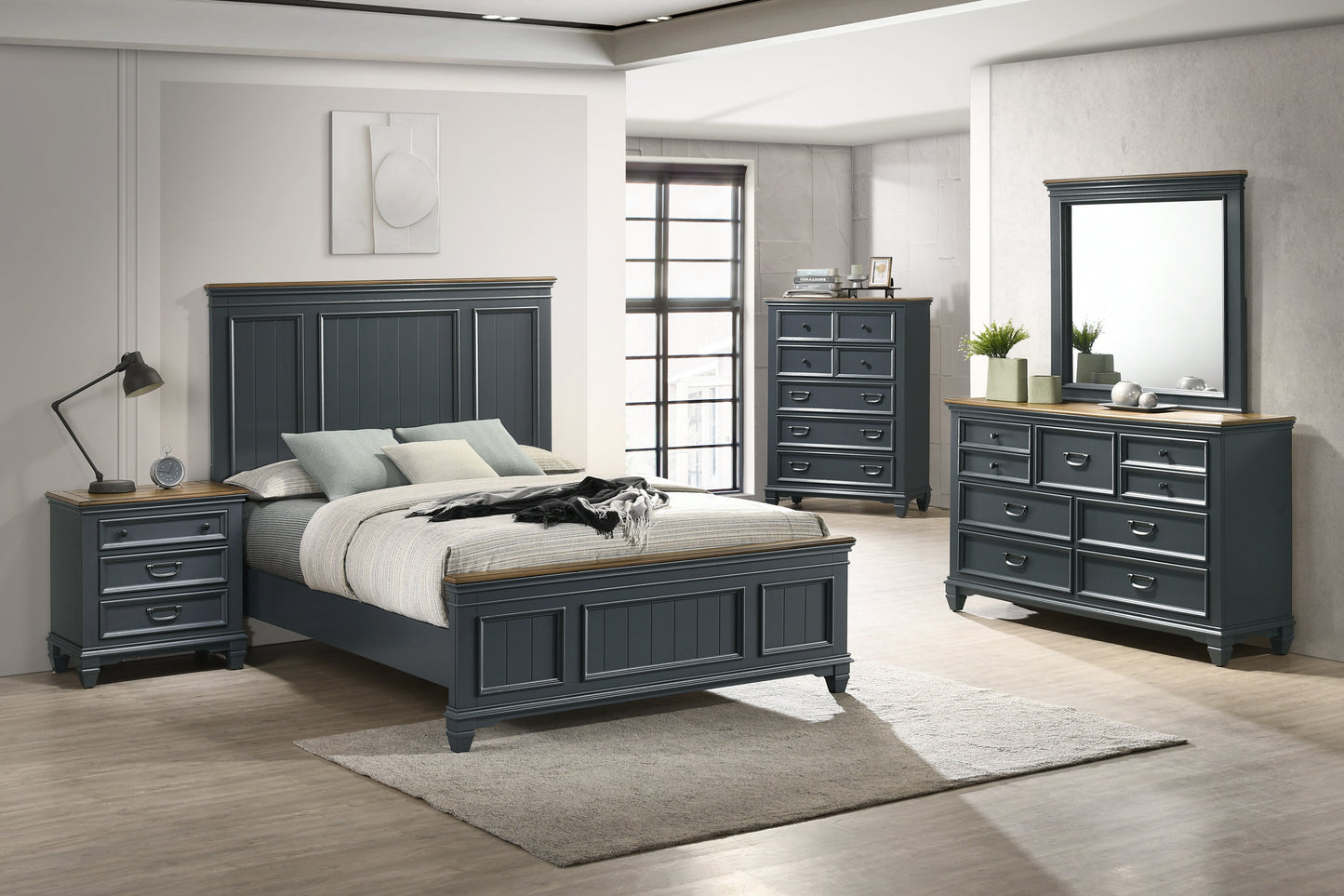 Roundhill Furniture Clelane Wood Bedroom Set with Shiplap Panel Bedroom Collection, Slate Blue