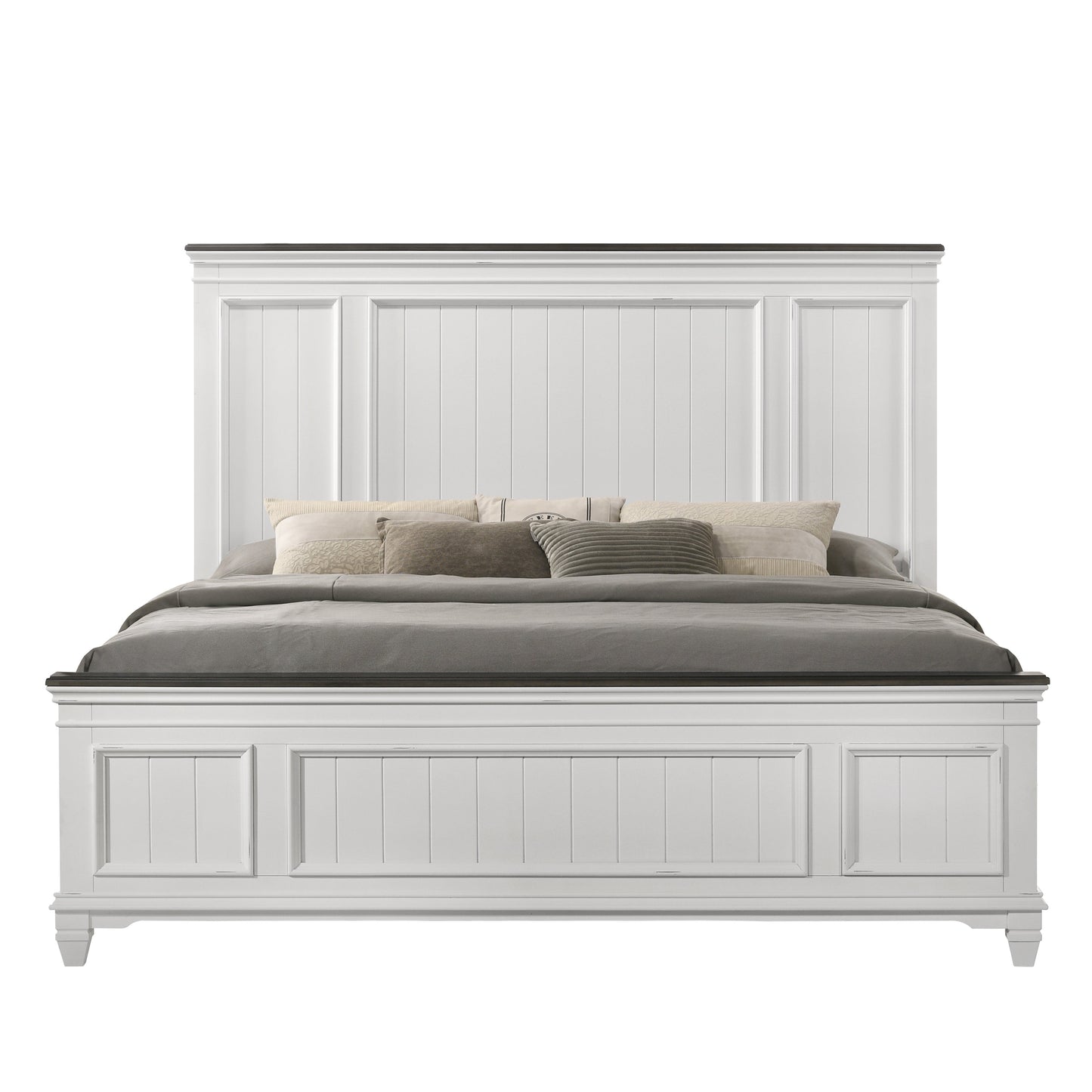 Clelane Shiplap Wood Panel Bed, Weathered White and Walnut
