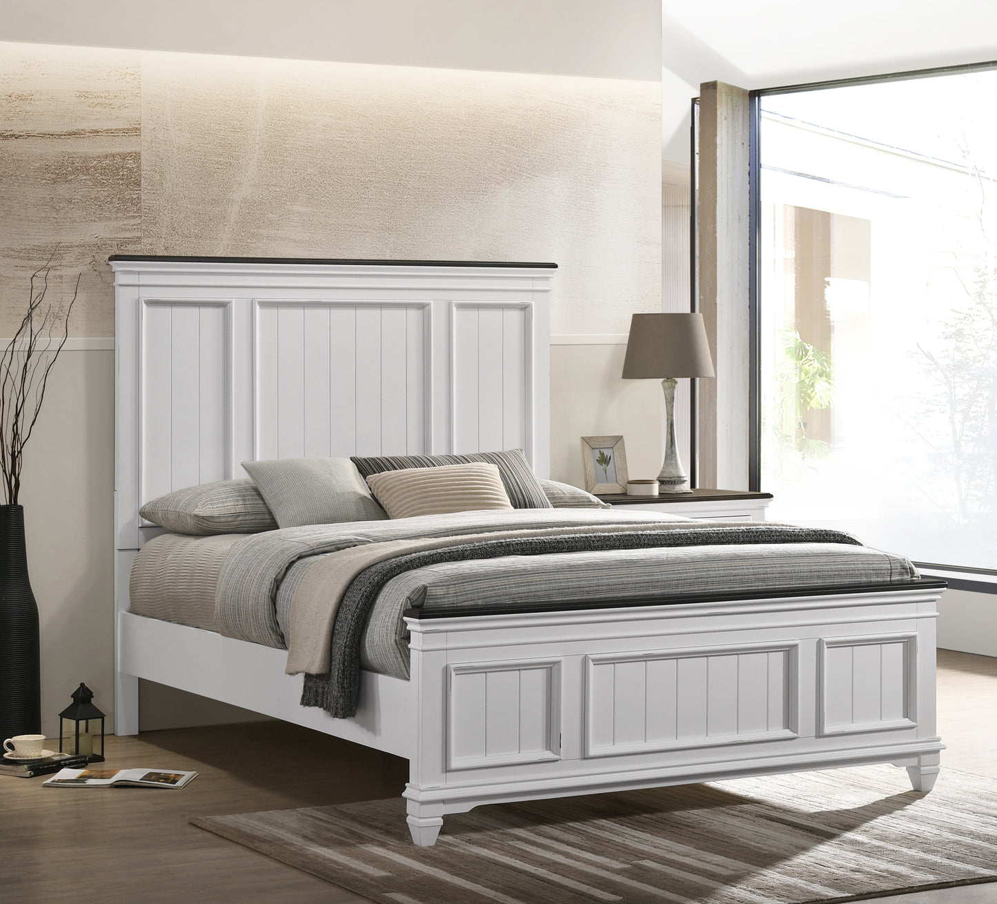 Clelane Shiplap Wood Panel Bed, Weathered White and Walnut