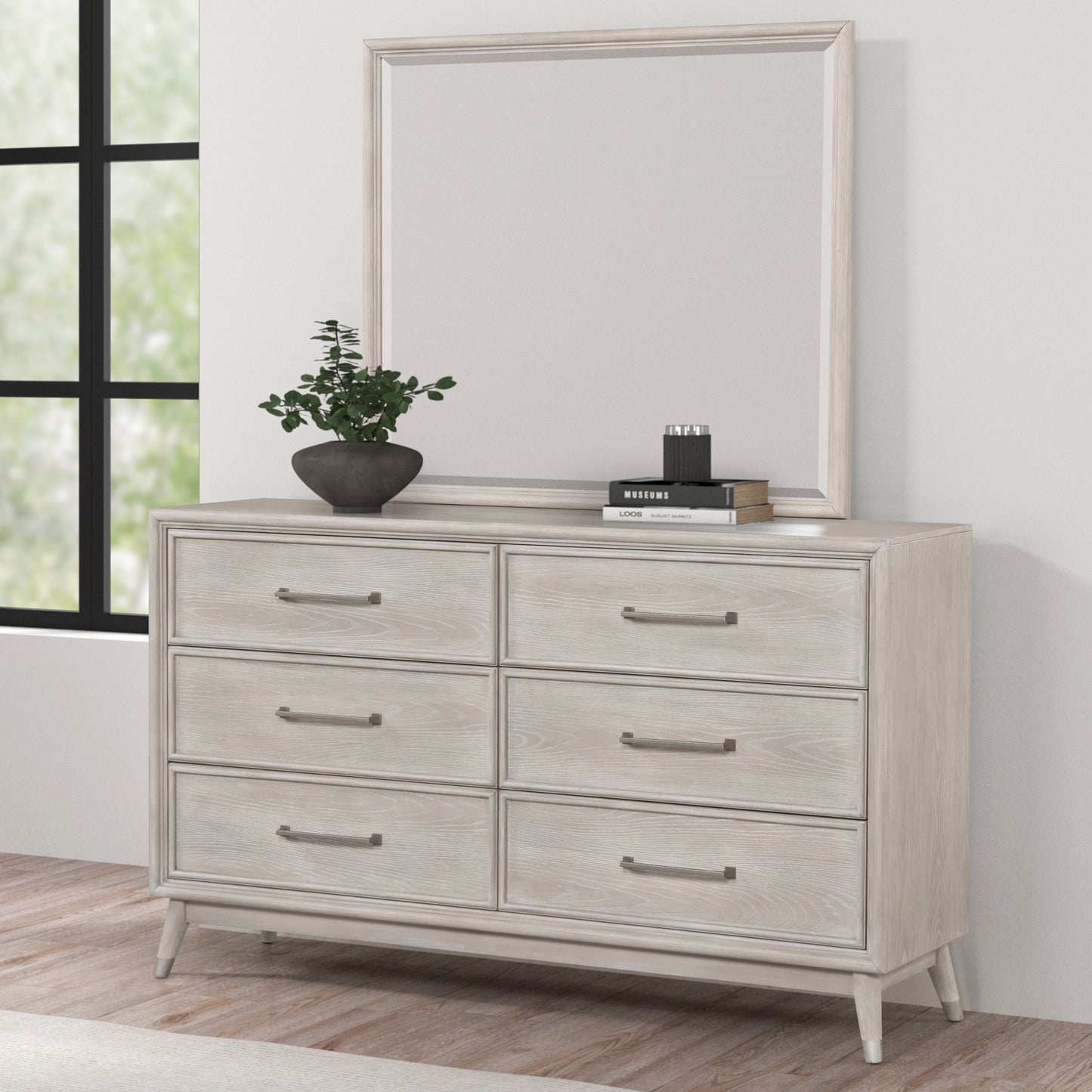 Roundhill Furniture Seluna 6-Drawer Bedroom Dresser with Mirror, Gray Oak Finish