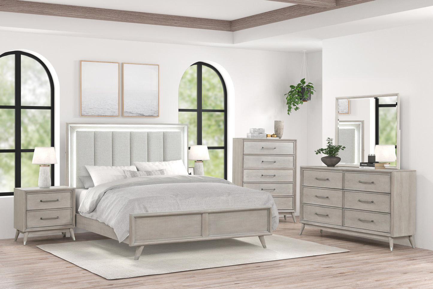 Roundhill Furniture Seluna Contemporary Bedroom Collection with Touch LED Lighting, Gray Oak Finish