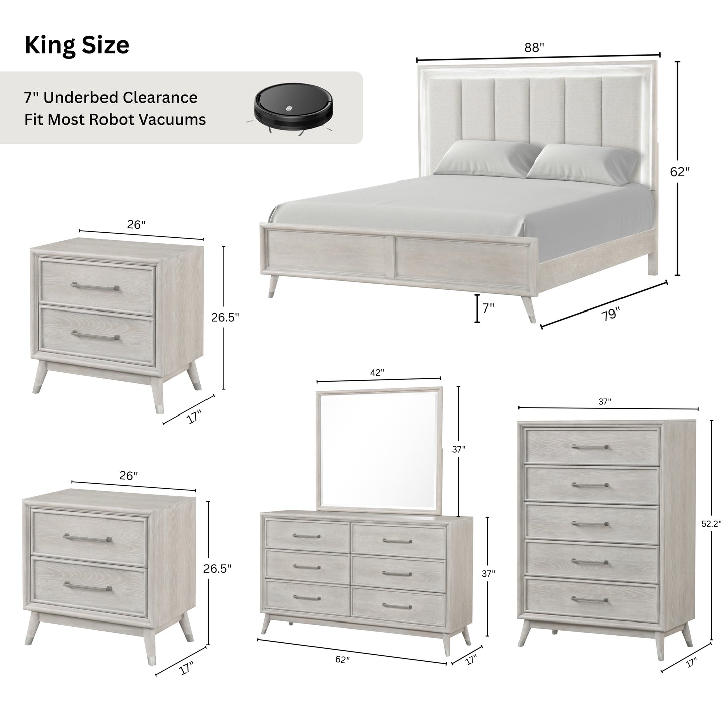 Roundhill Furniture Seluna Contemporary Bedroom Collection with Touch LED Lighting, Gray Oak Finish