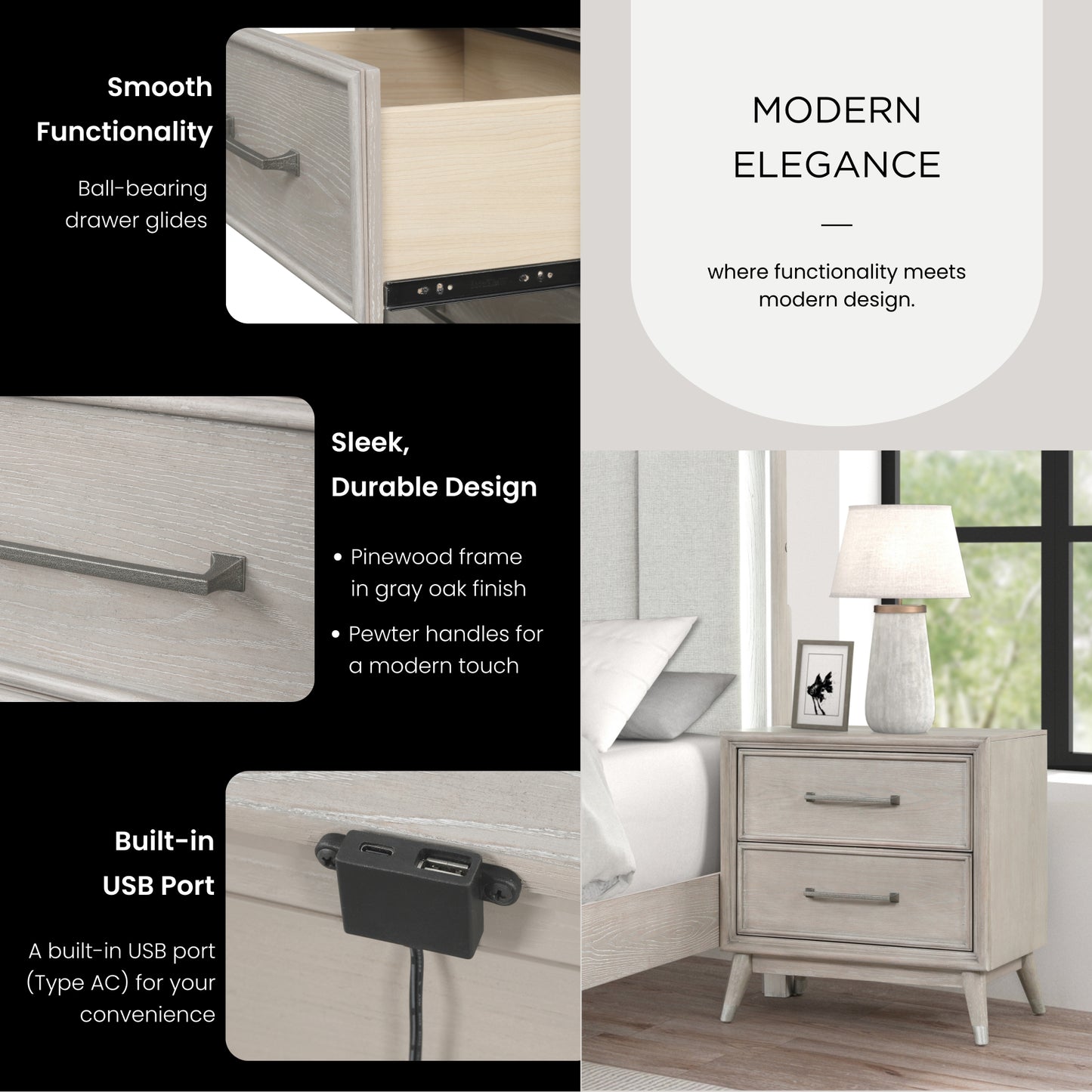 Roundhill Furniture Seluna 2-Drawer Bedroom Nightstand with built-in USB port, Gray Oak Finish