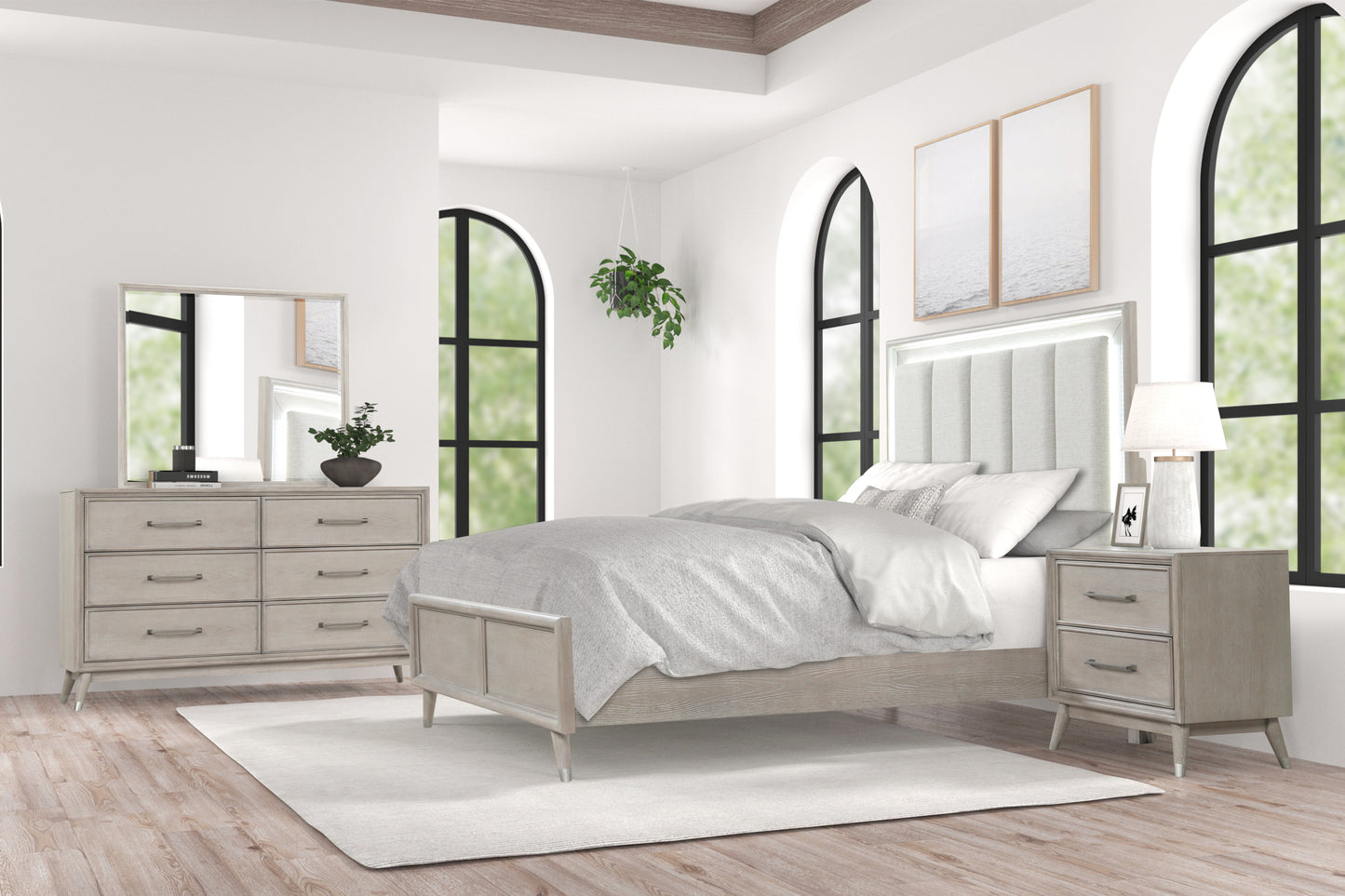 Roundhill Furniture Seluna Contemporary Bedroom Collection with Touch LED Lighting, Gray Oak Finish
