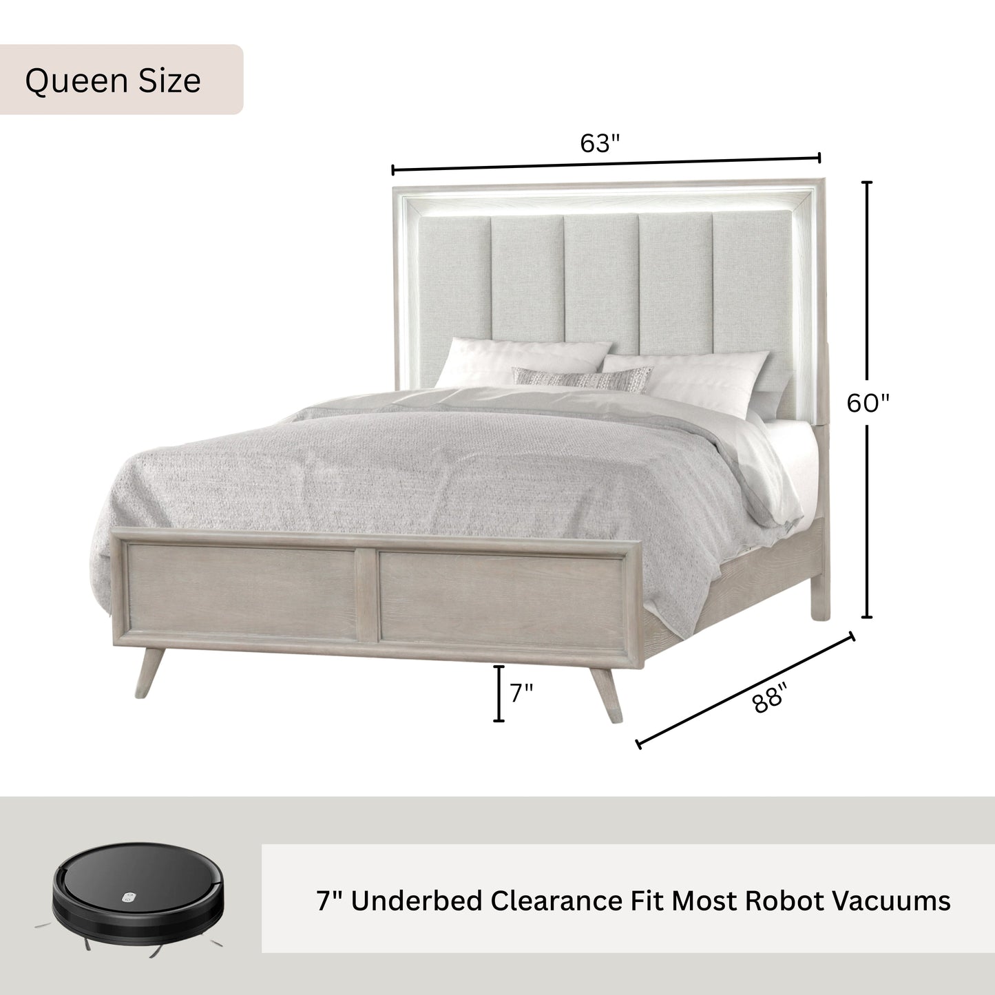 Roundhill Furniture Seluna LED Lighting Panel Bed, Upholstered Headbord, Gray Oak Finish