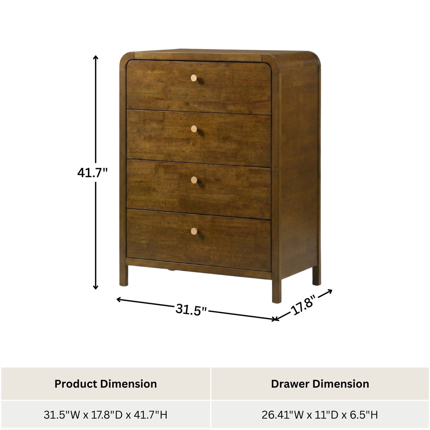 Roundhill Furniture Eldren 4-Drawer Wood Chest with Solid Rubberwood Frame, Walnut Finish