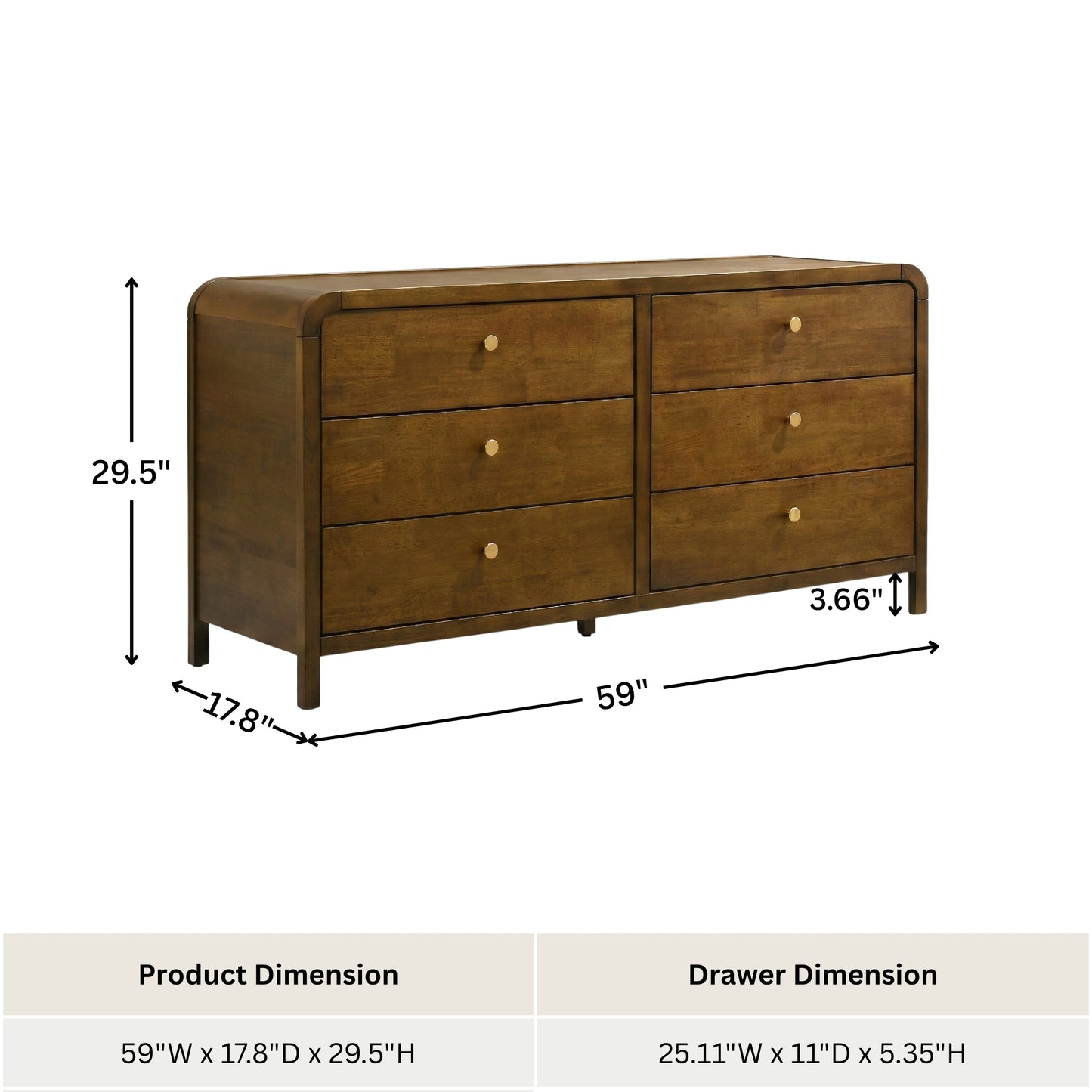 Roundhill Furniture Eldren 6-Drawer Wood Dresser with Solid Rubberwood Frame, Walnut Finish