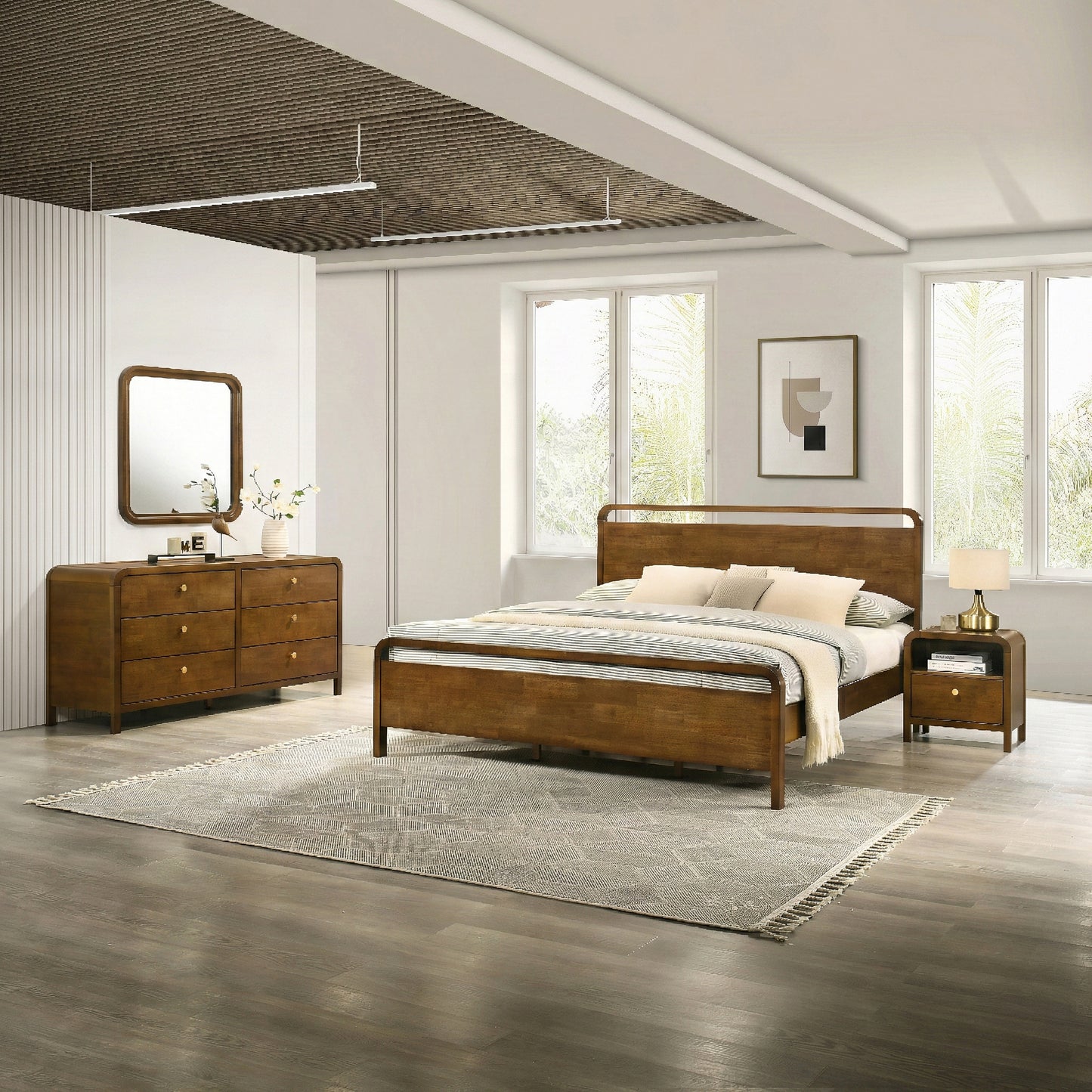 Roundhill Furniture Eldren Wood Bedroom Set, Platform Bed with Dresser, Mirror, and Two Nightstands in Walnut Finish