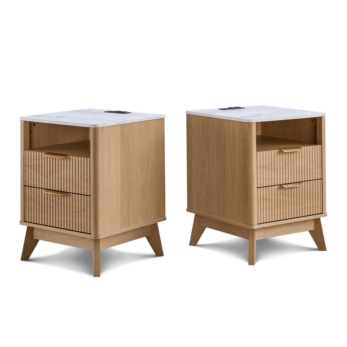 Roundhill Furniture Lyra Mid-Century Modern 2-Drawer Nightstands with Charging Station, Set of 2