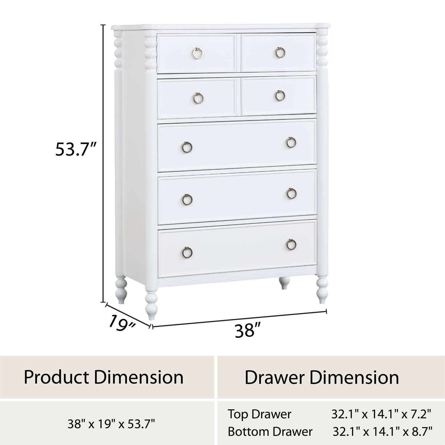 Roundhill Furniture Avellune 5-Drawer Chest, White Finish
