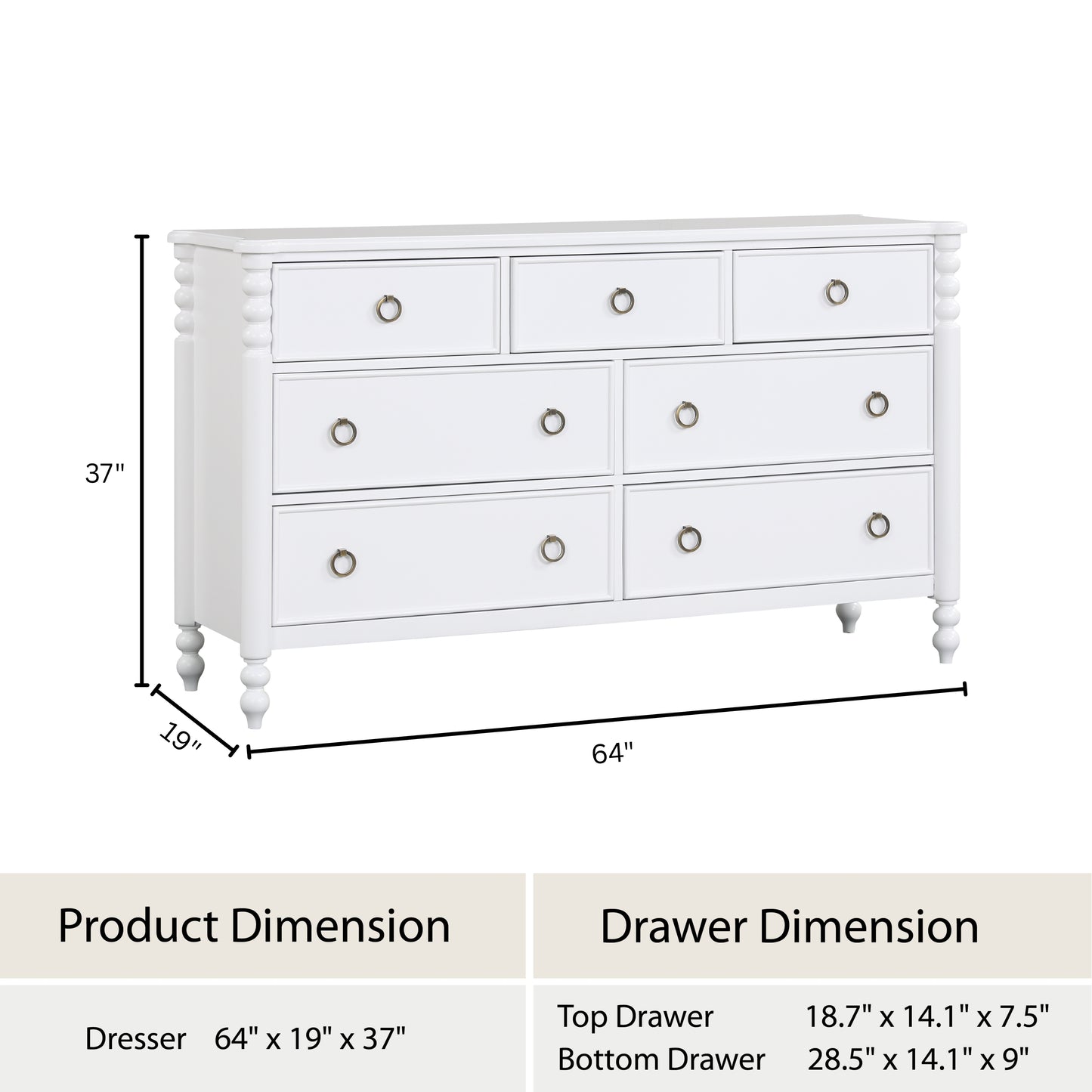 Roundhill Furniture Avellune 7-Drawer Dresser, White Finish