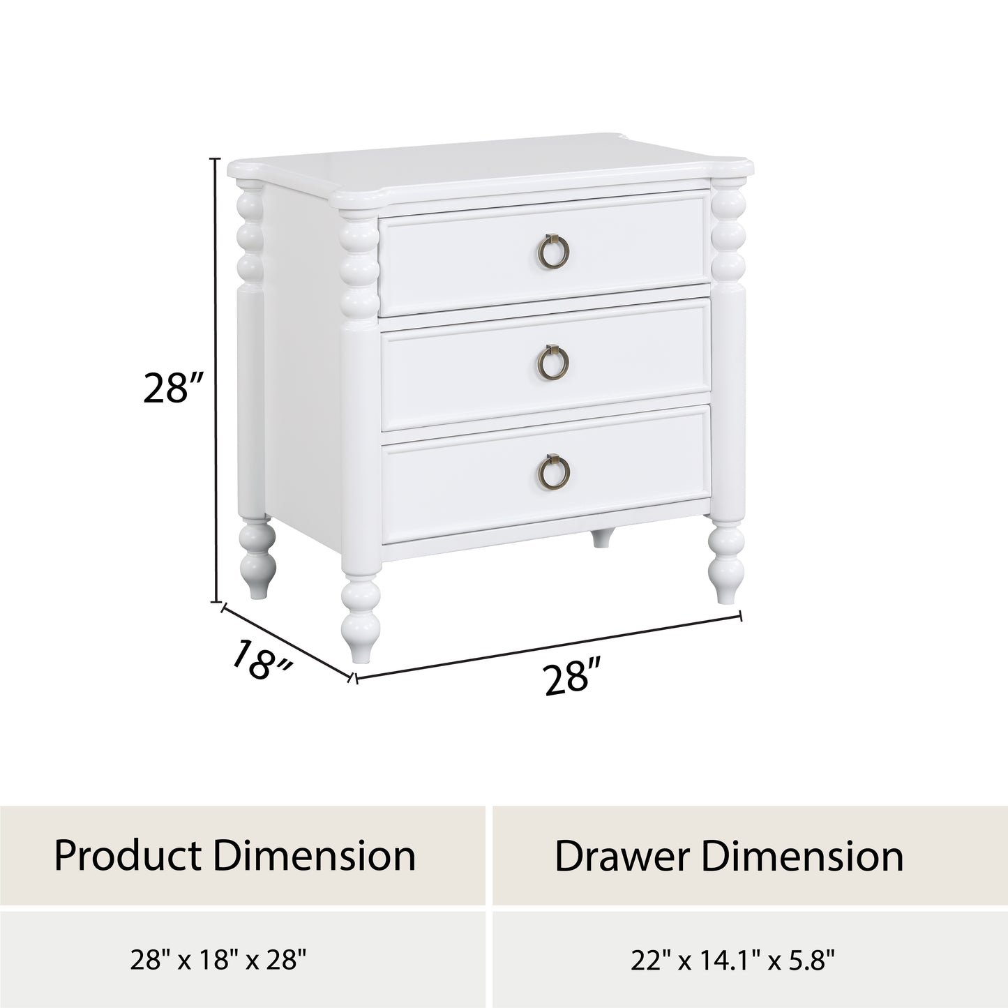 Roundhill Furniture Avellune 3-Drawer Nightstand, White Finish
