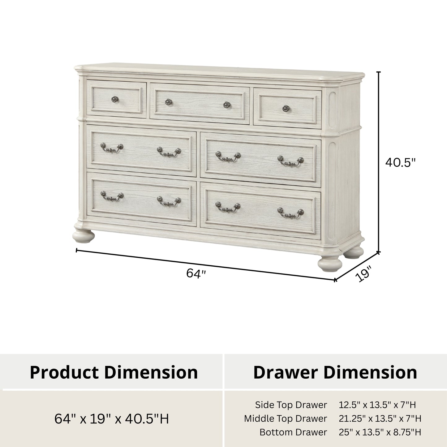 Roundhill Furniture Nelson 7-Drawer Bedroom Dresser, Antique White