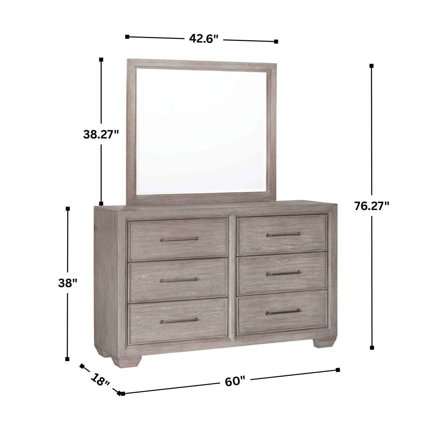 Ennesley Gray Wood 6 Drawers Dresser with Mirror