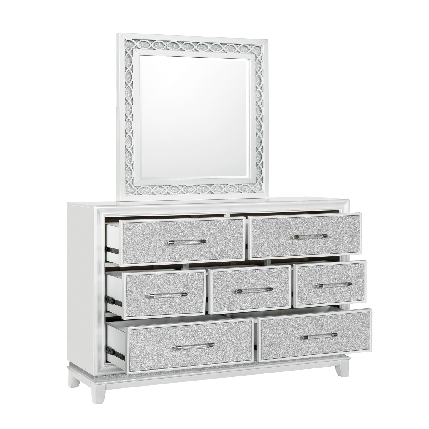 Galaxy 7-Drawer Bedroom Dresser with Mirror, With LED Lights, Pearlized White