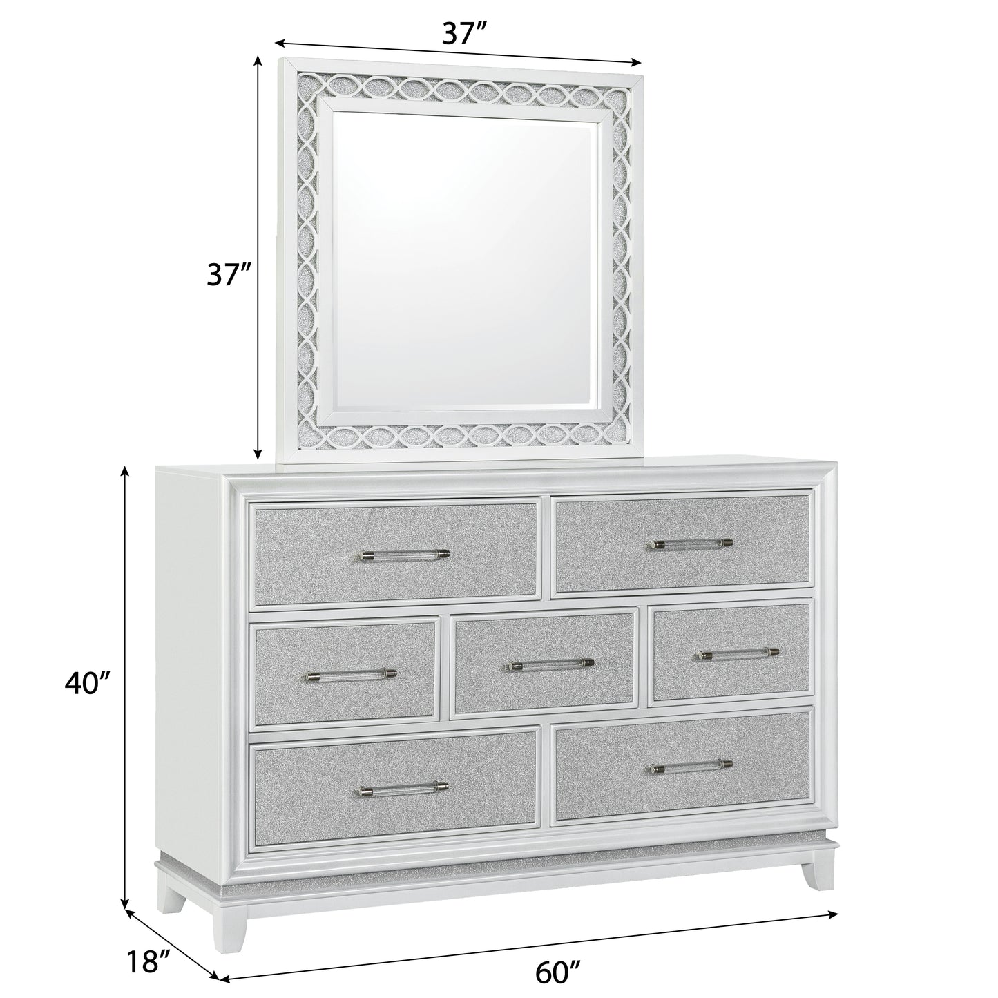 Galaxy 7-Drawer Bedroom Dresser with Mirror, With LED Lights, Pearlized White