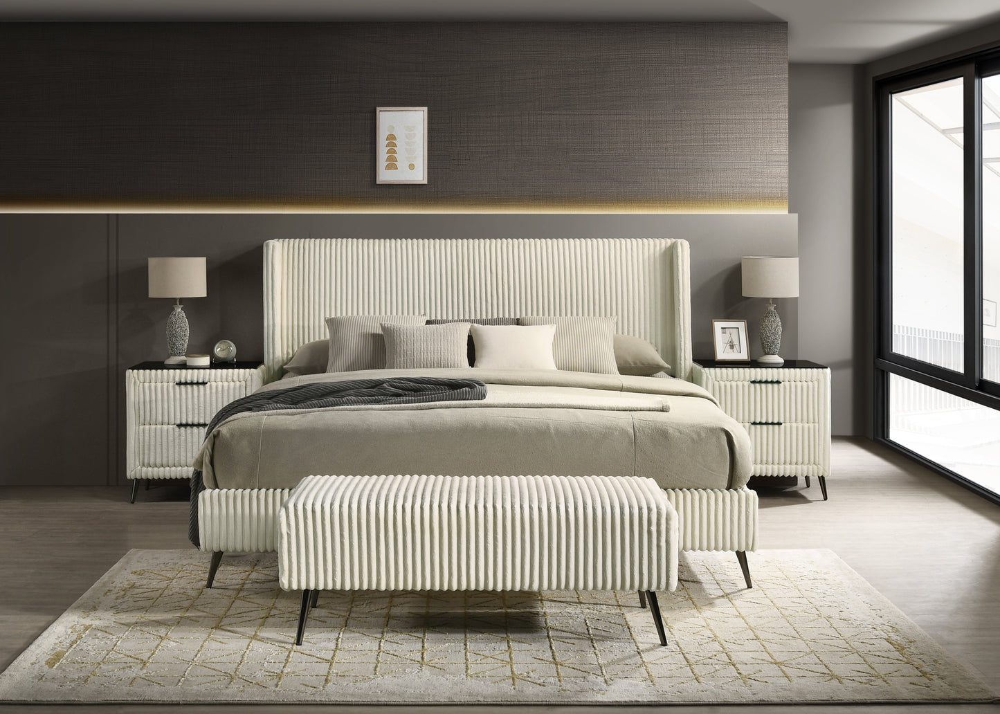 Roundhill Furniture Mavela Wide Wale Corduroy Upholstery Panel Bedroom Collection, Cream