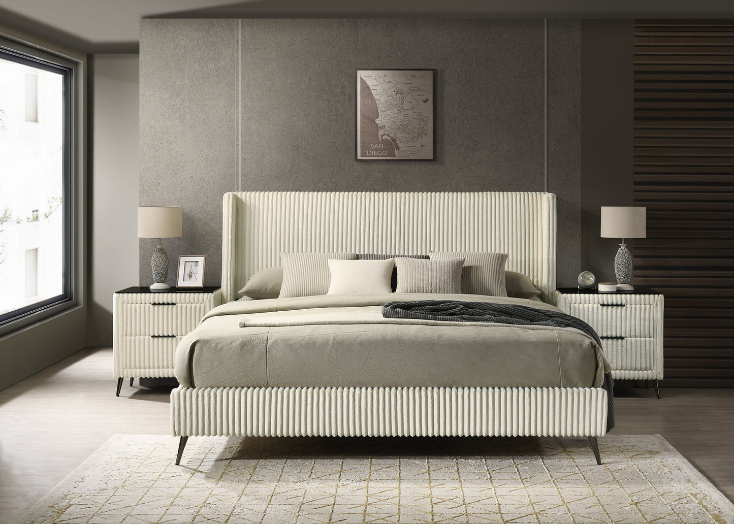 Roundhill Furniture Mavela Wide Wale Corduroy Upholstery Panel Bedroom Collection, Cream