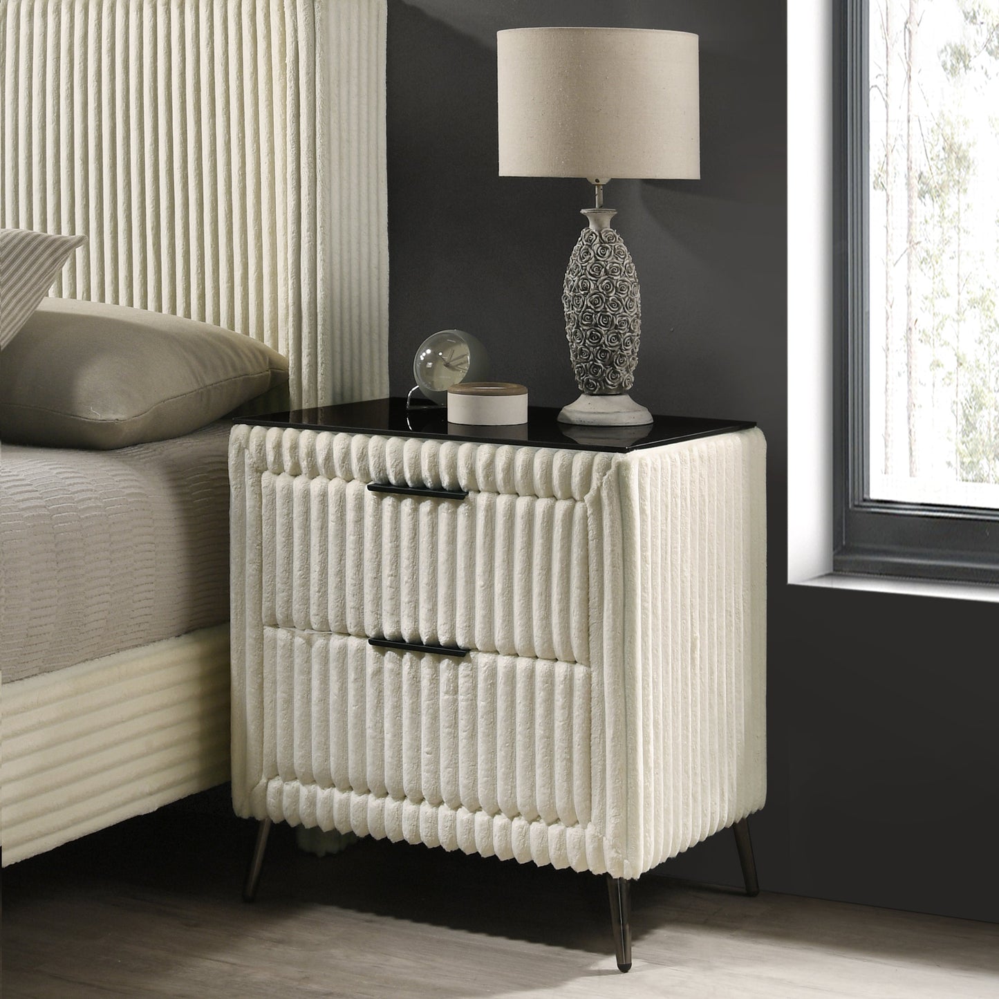 Roundhill Furniture Mavela Wide Wale Corduroy Upholstery Panel Bedroom Collection, Cream
