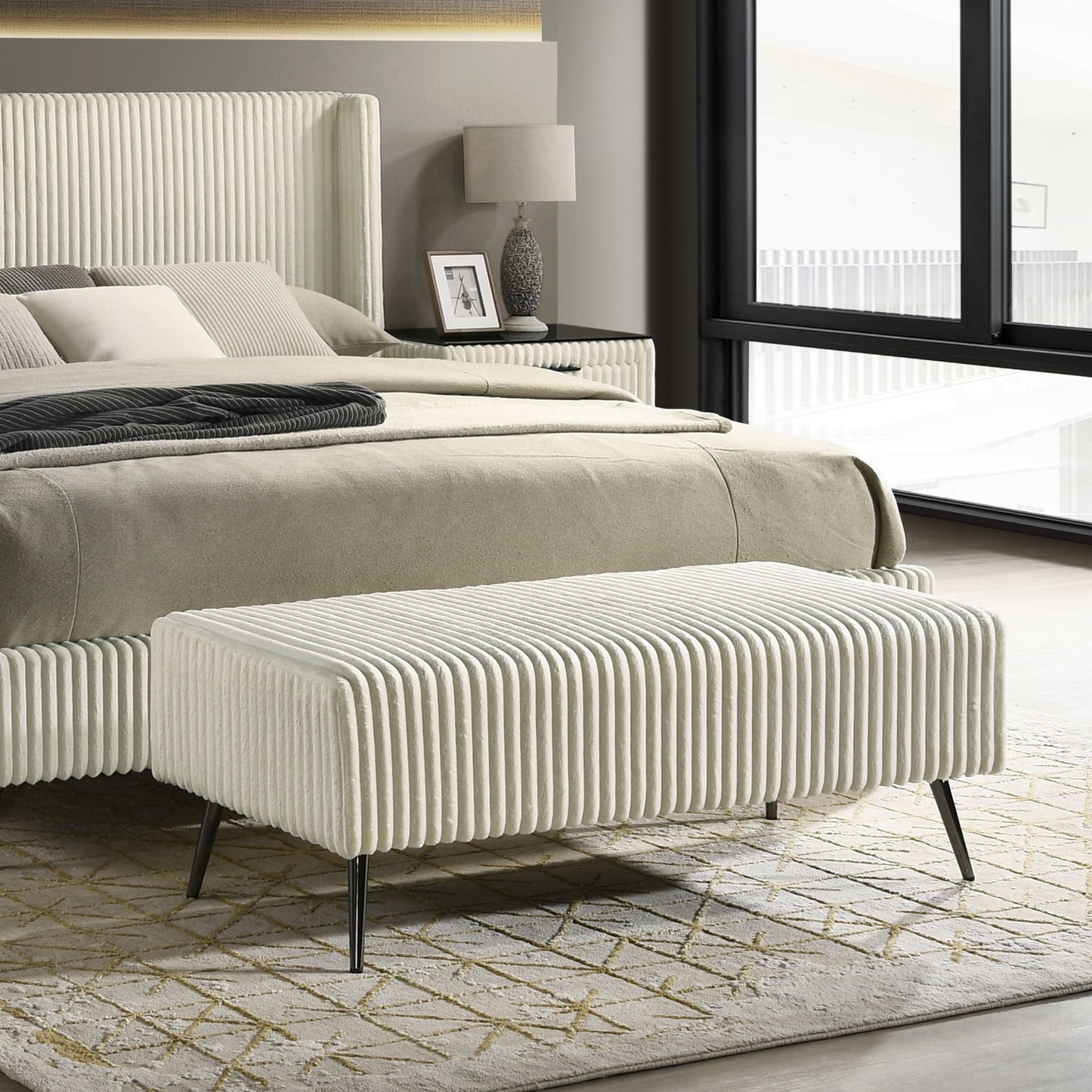 Roundhill Furniture Mavela Wide Wale Corduroy Upholstery Panel Bedroom Collection, Cream