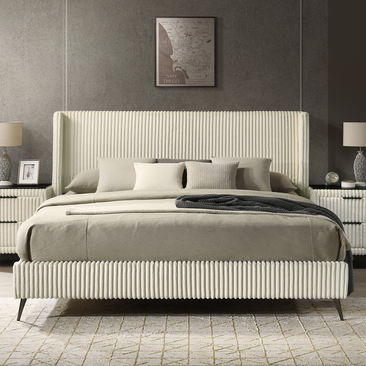 Roundhill Furniture Mavela Wide-wale Corduroy Upholstery Panel Bed with 2 Nightstands