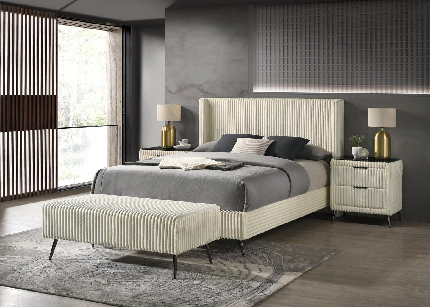 Roundhill Furniture Mavela Wide Wale Corduroy Upholstery Panel Bedroom Collection, Cream