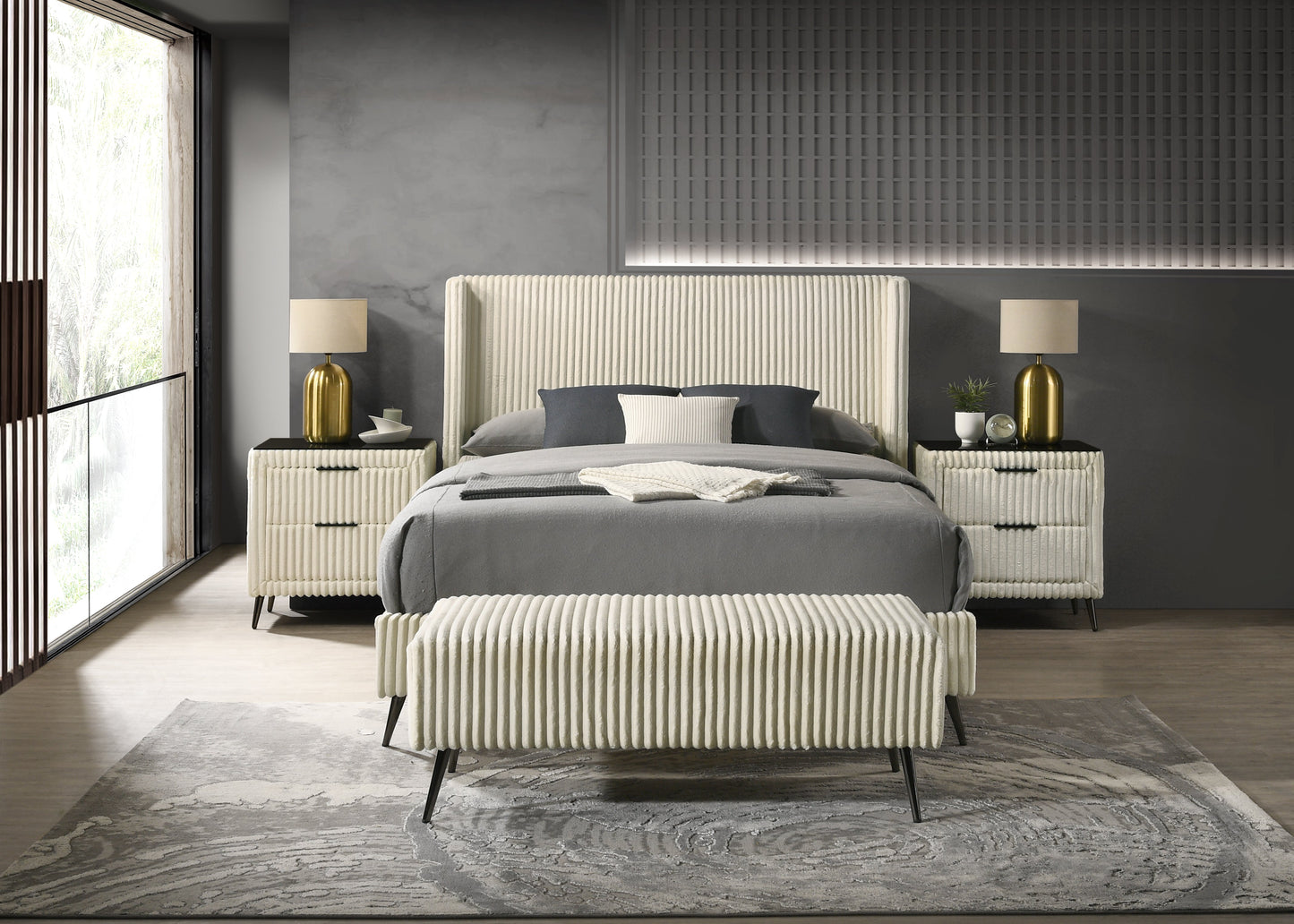 Roundhill Furniture Mavela Wide Wale Corduroy Upholstery Panel Bedroom Collection, Cream