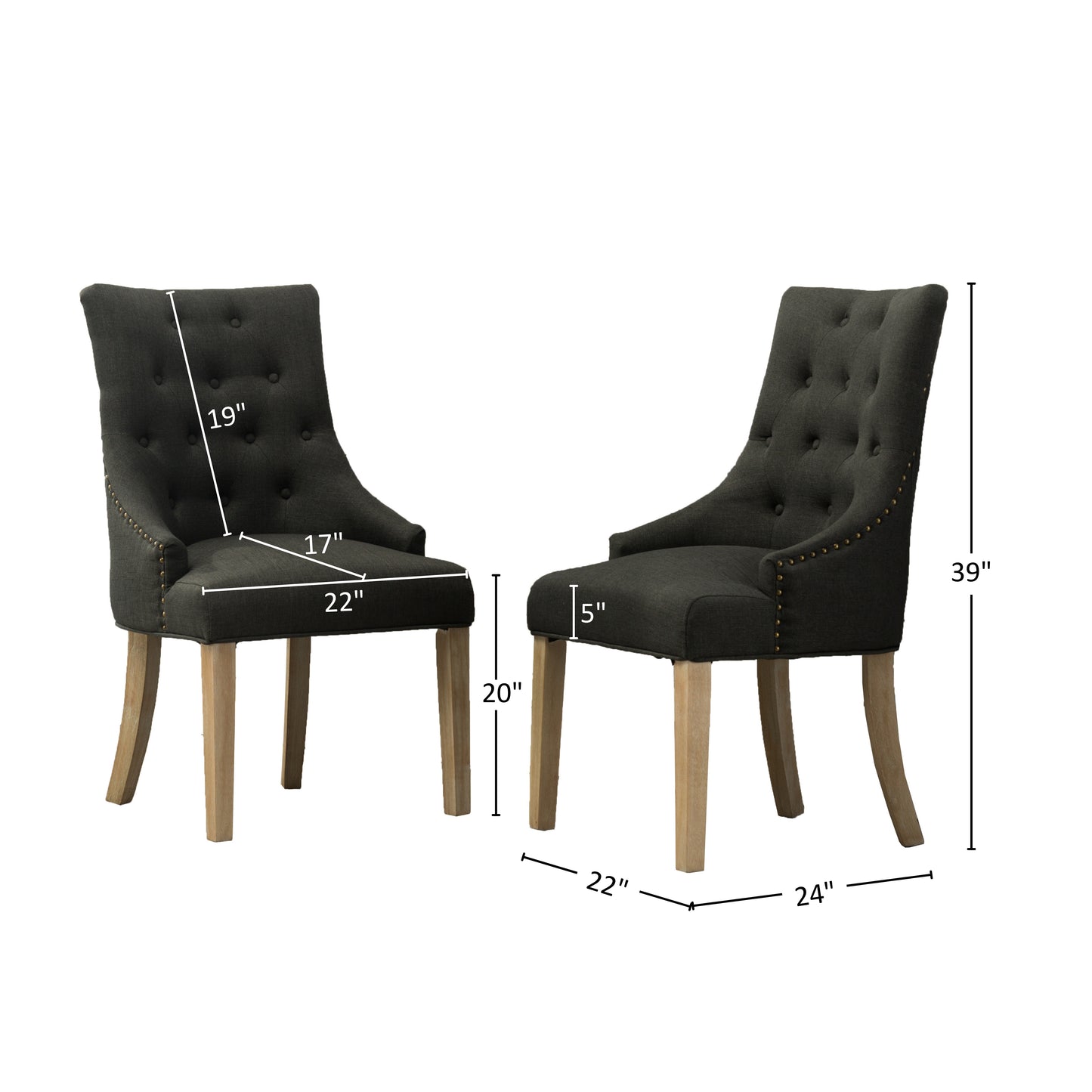 Charcoal Button Tufted Solid Wood Wingback Hostess Chairs with Nail Heads Set of 2