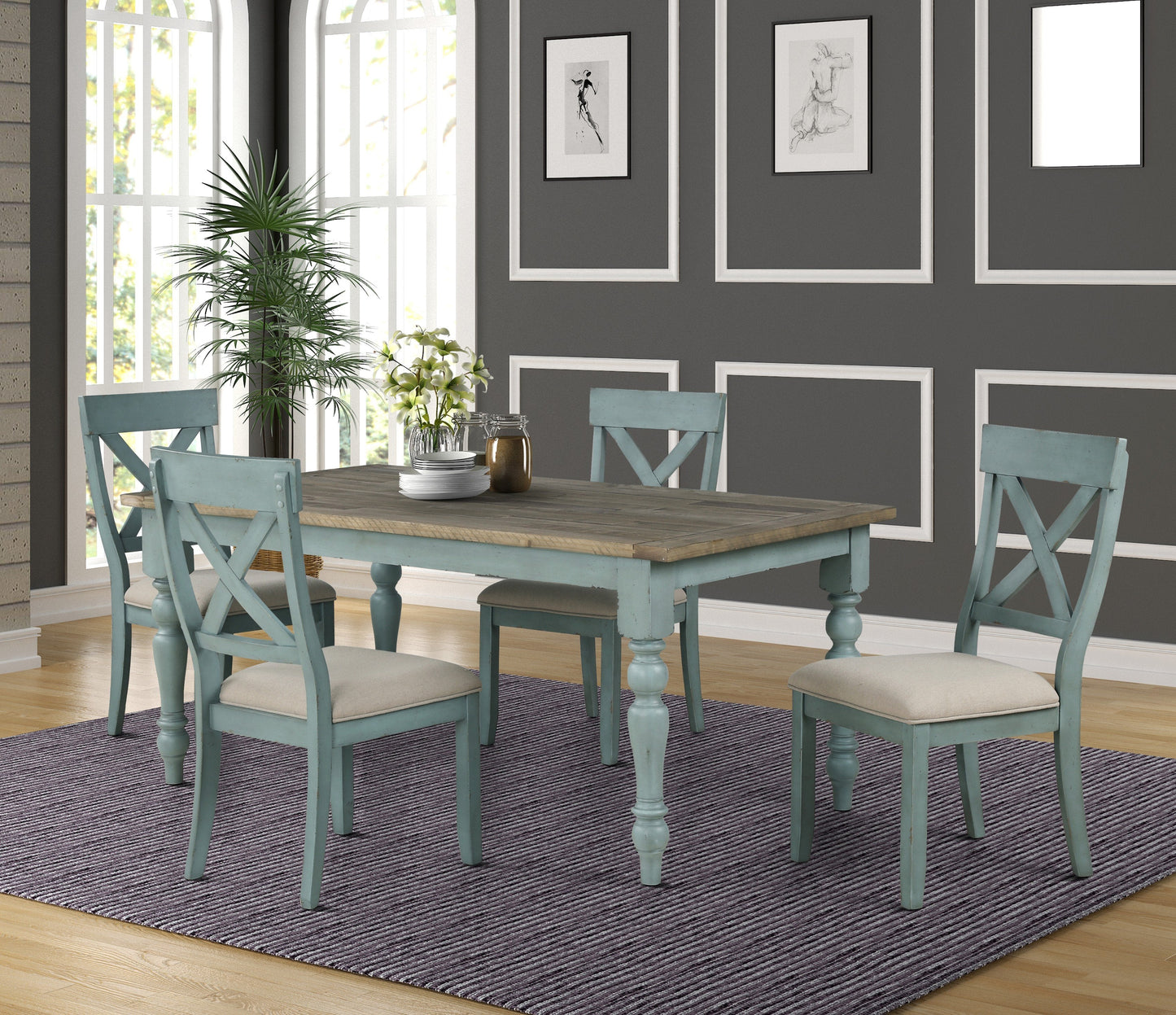 Roundhill Furniture Prato Two-Tone Wood Cross Back Upholstered Dining Chairs, Set of 2