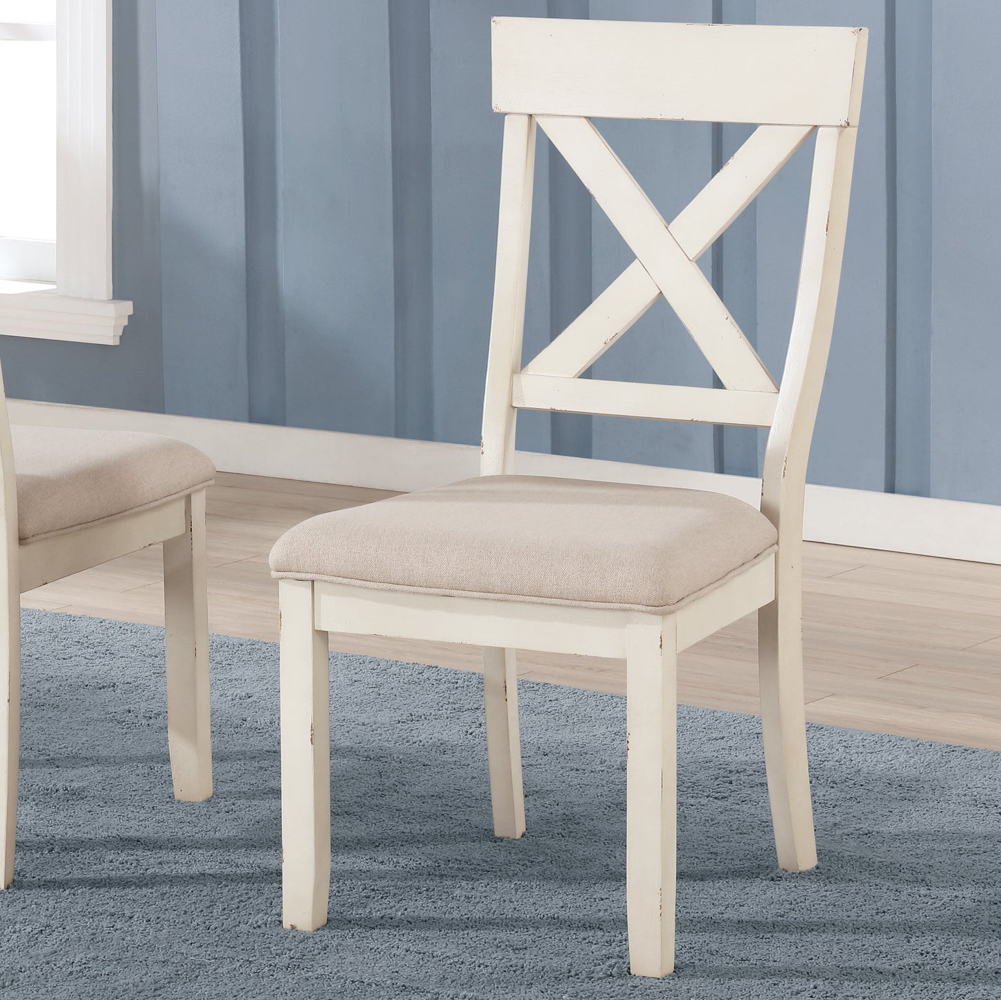 Roundhill Furniture Prato Wood Cross Back Upholstered Dining Chairs, Antique White, Set Of 2