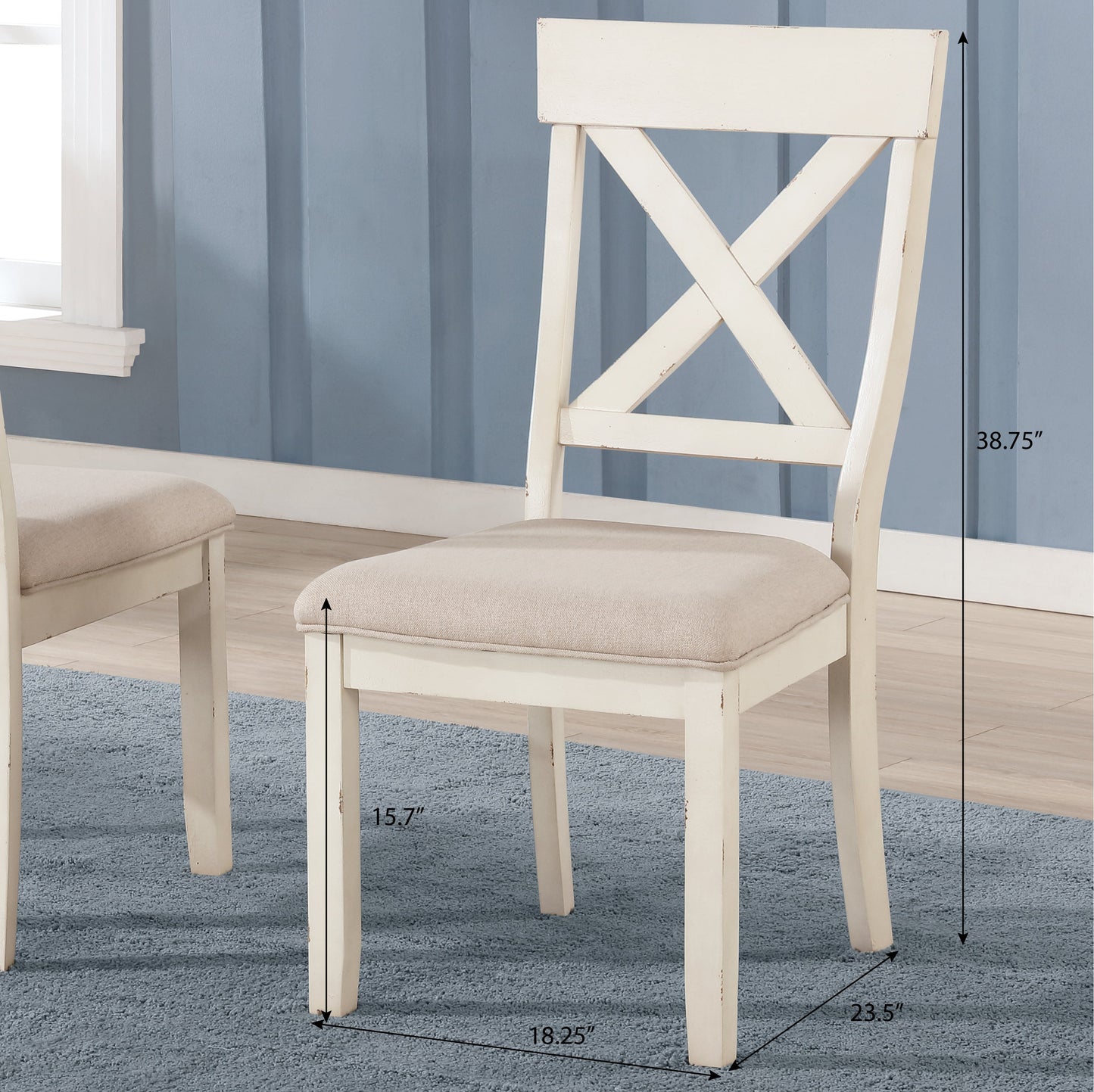 Roundhill Furniture Prato Wood Cross Back Upholstered Dining Chairs, Antique White, Set Of 2