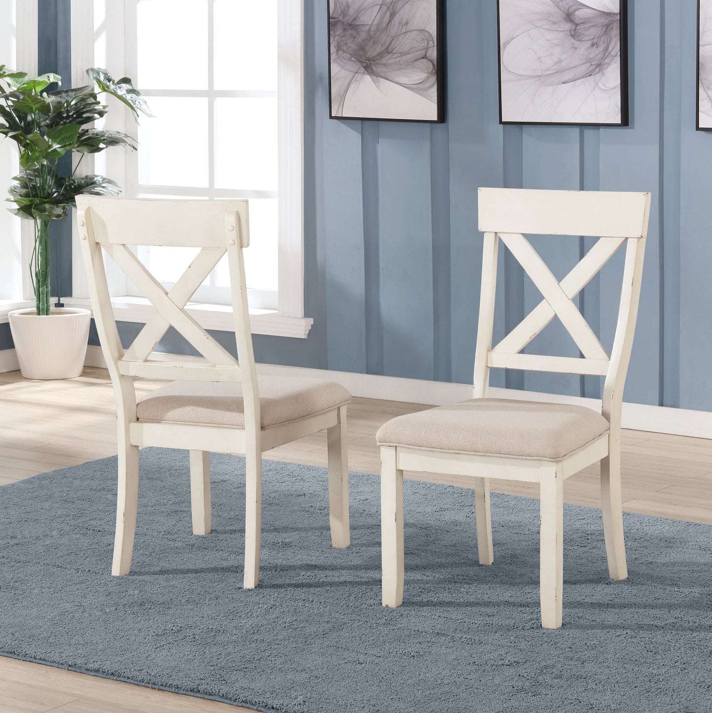 Roundhill Furniture Prato Wood Cross Back Upholstered Dining Chairs, Antique White, Set Of 2