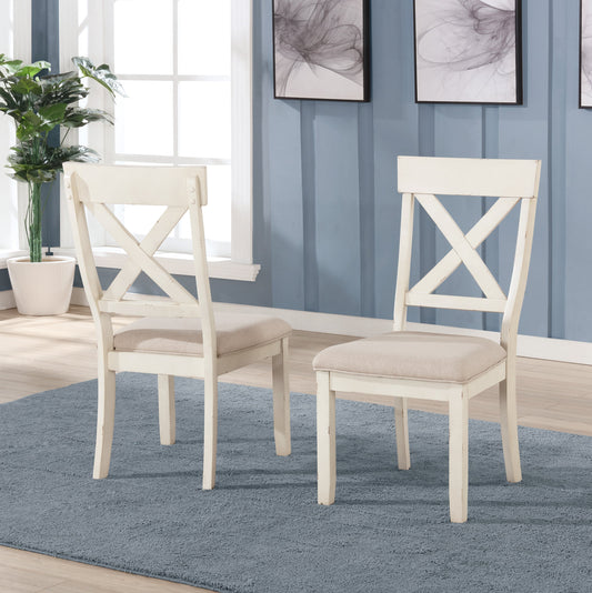 Roundhill Furniture Prato Wood Cross Back Upholstered Dining Chairs, Antique White, Set Of 2