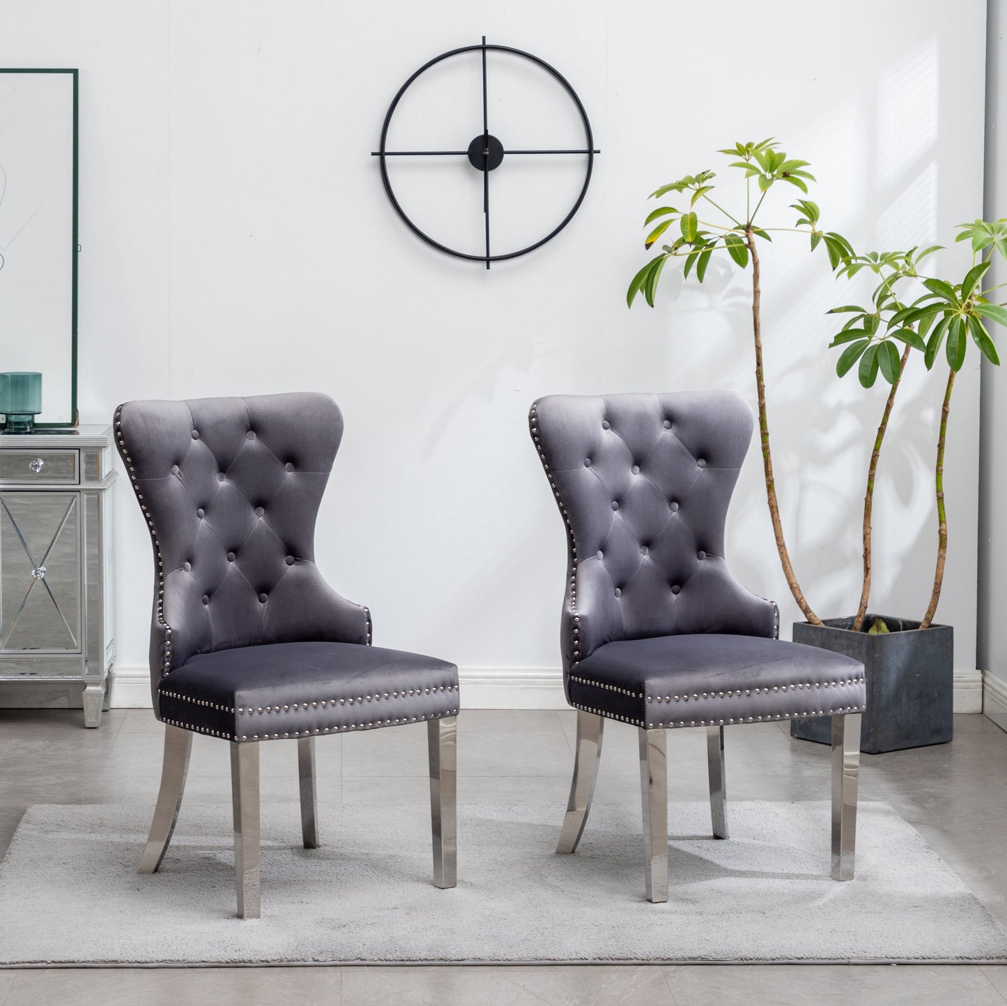 Roundhill Furniture Montura Contemporary Tufted Velvet Chair with Nailhead Trim, Gray, Set of 2