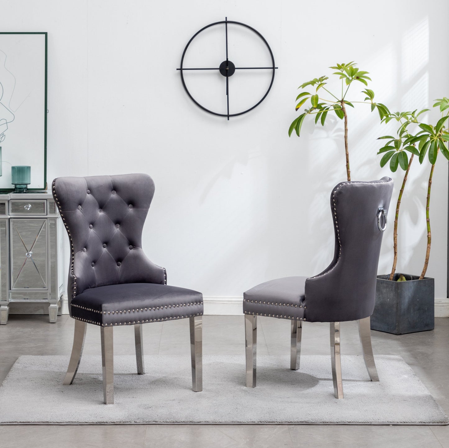 Roundhill Furniture Montura Contemporary Tufted Velvet Chair with Nailhead Trim, Gray, Set of 2